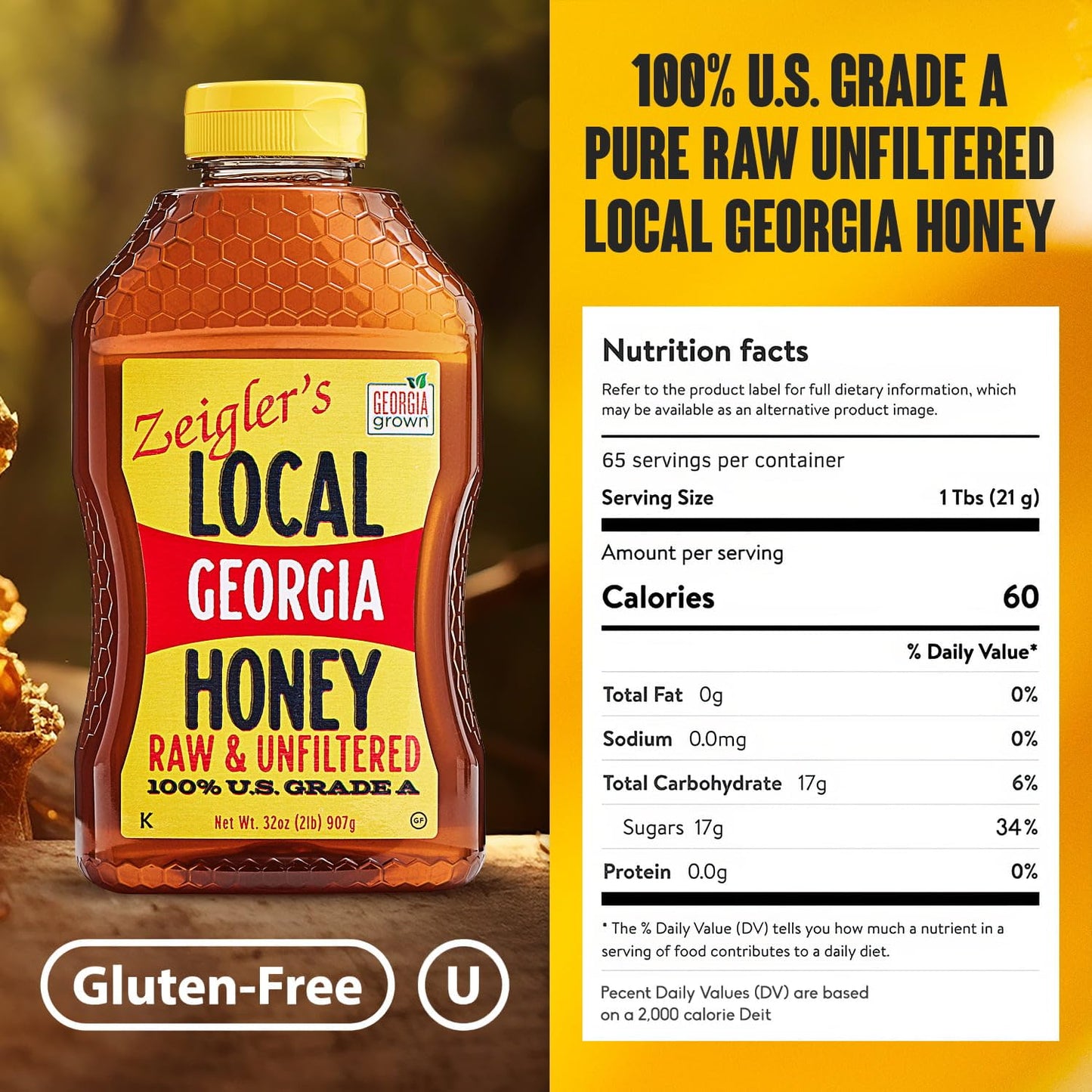 Zeigler'S Local Georgia Award Winning Honey - All Natural, Pure, Raw, & Unfiltered Georgia Honey, 32 Oz Squeeze Bottle - For Tea