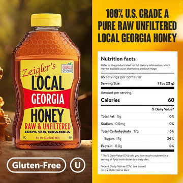 Zeigler'S Local Georgia Award Winning Honey - All Natural, Pure, Raw, & Unfiltered Georgia Honey, 32 Oz Squeeze Bottle - For Tea