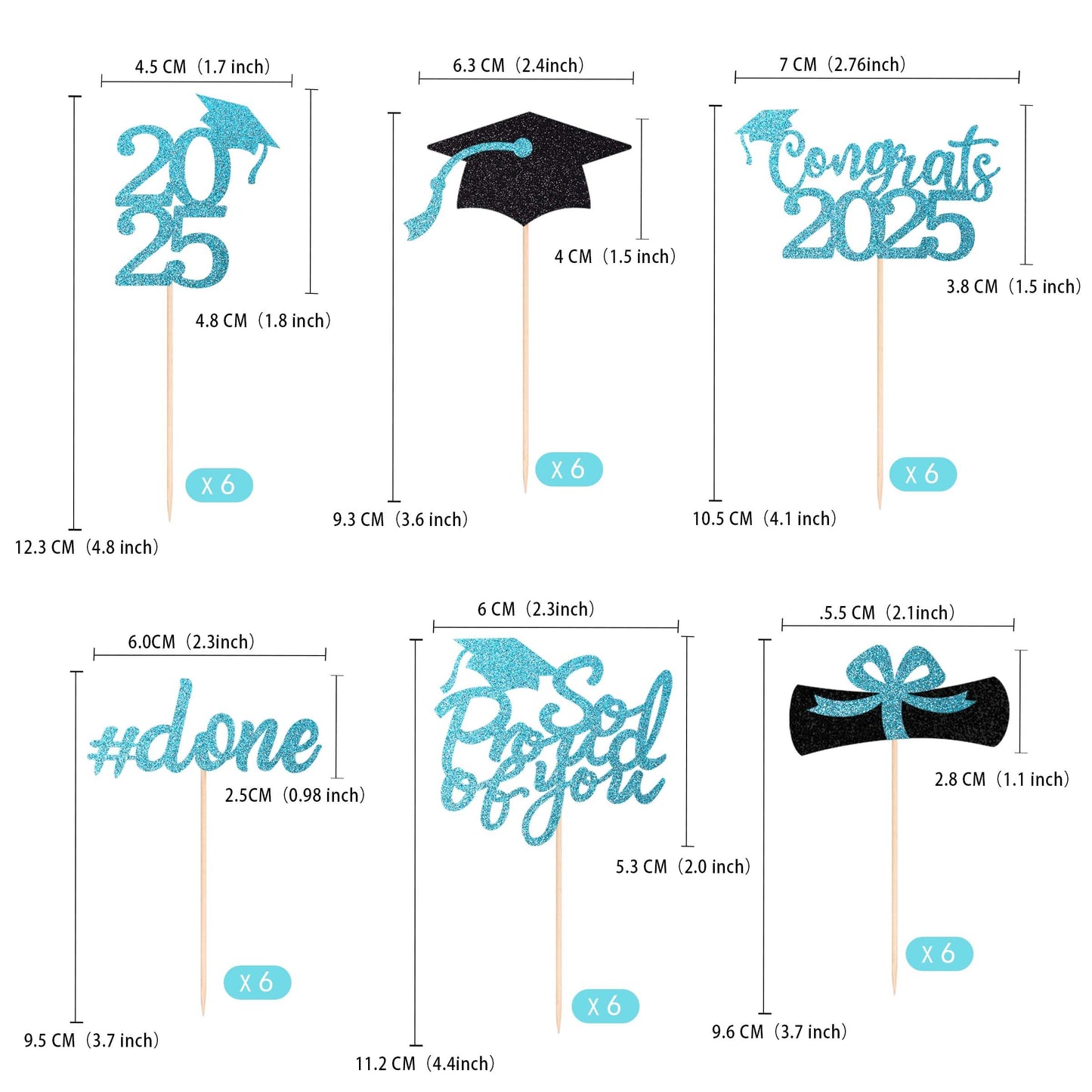 36 Pcs Class Of 2025 Graduation Cupcake Toppers, Light Blue & Black Glitter Double-Sided Grad Cap Cake Picks For Party Supplies,