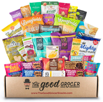 Deluxe Vegan Snacks Care Package: Delicious Vegan Jerky, Protein Bars, Cookies, Chips, Puffs, Fruit & Nuts, Healthy Gift Basket
