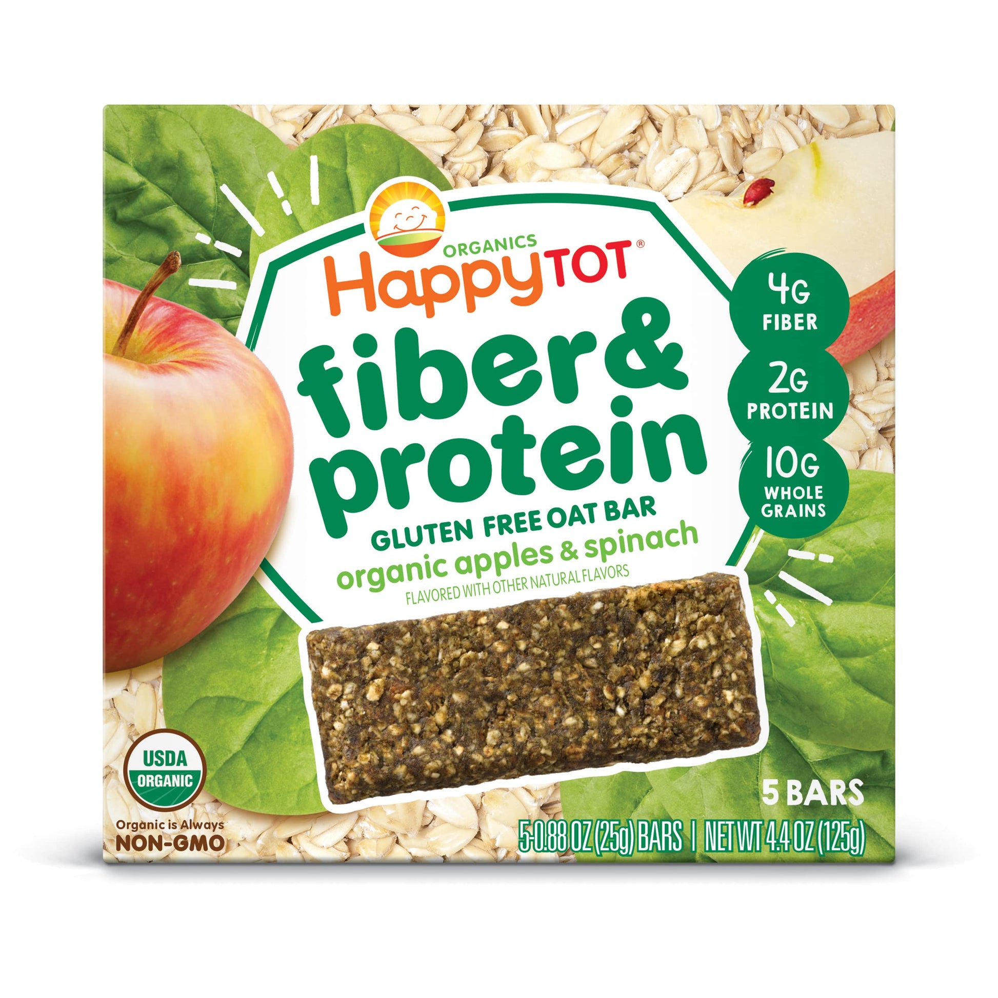 Happy Tot Organics Fiber & Protein Soft-Baked Oat Bars Toddler Snack Apple & Spinach, 0.88 Ounce Bars, 5 Count Box (Pack Of 1)