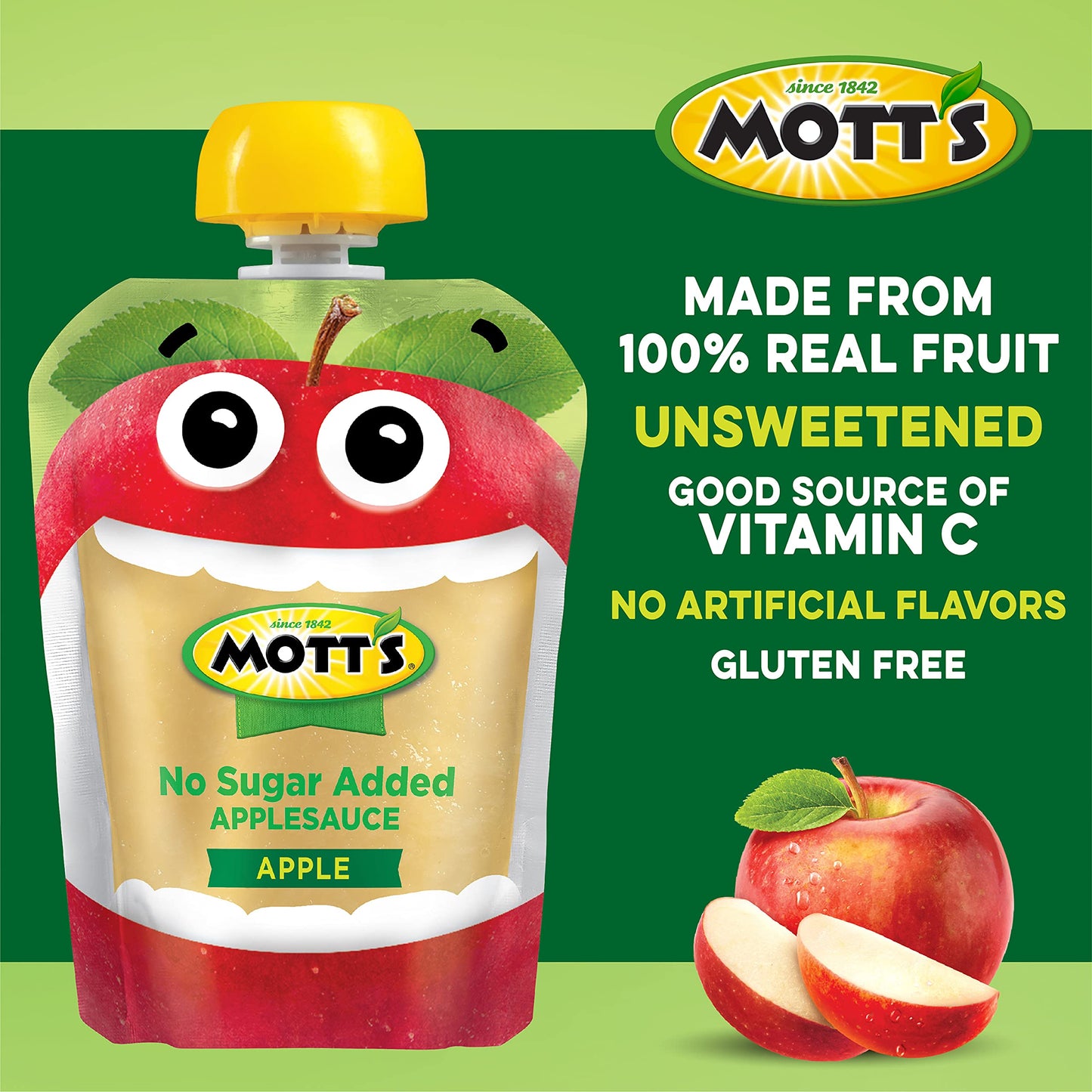Mott'S No Sugar Added Applesauce, 3.2 Oz Clear Pouches, 48 Count (4 Packs Of 12), Good Source Of Vitamin C, No Artificial Flavor