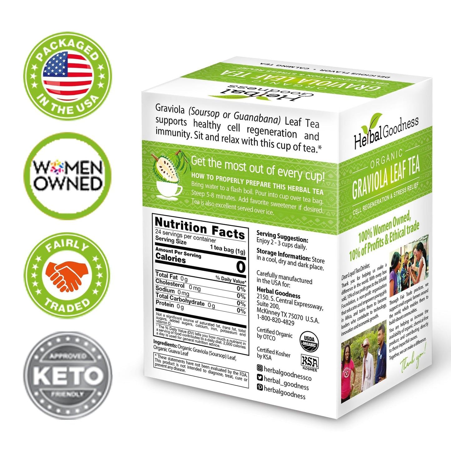 Herbal Goodness Graviola Leaf Soursop Tea - Organic Herbal Tea, Caffeine Free, 24 Count, Supports Calm Relaxation