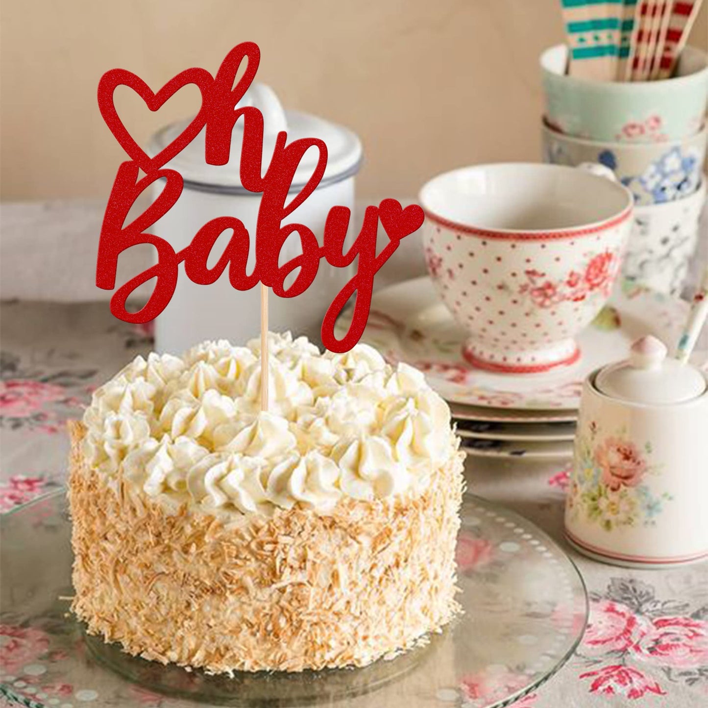 Rssta i Valentines Day Cake Topper, Glitter Paper Oh Baby Design, Red, Ideal for Baby Showers & Kids Birthday Parties