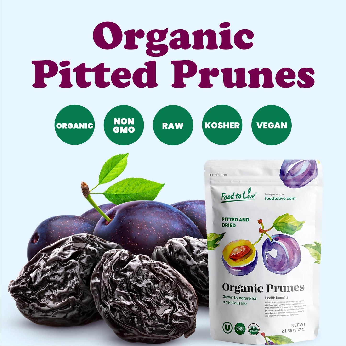 Food to Live Organic Pitted Prunes, 2 Pounds Dried California Plums, Non-GMO, Kosher, Unsulfured, Unsweetened, Bulk