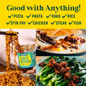Homiah Sambal Chili Crunch, 6Oz - Less Oil Low Sodium Gluten Free Vegan, Sambal Oelek Chili Paste, Crispy Chili Crunch Topping W