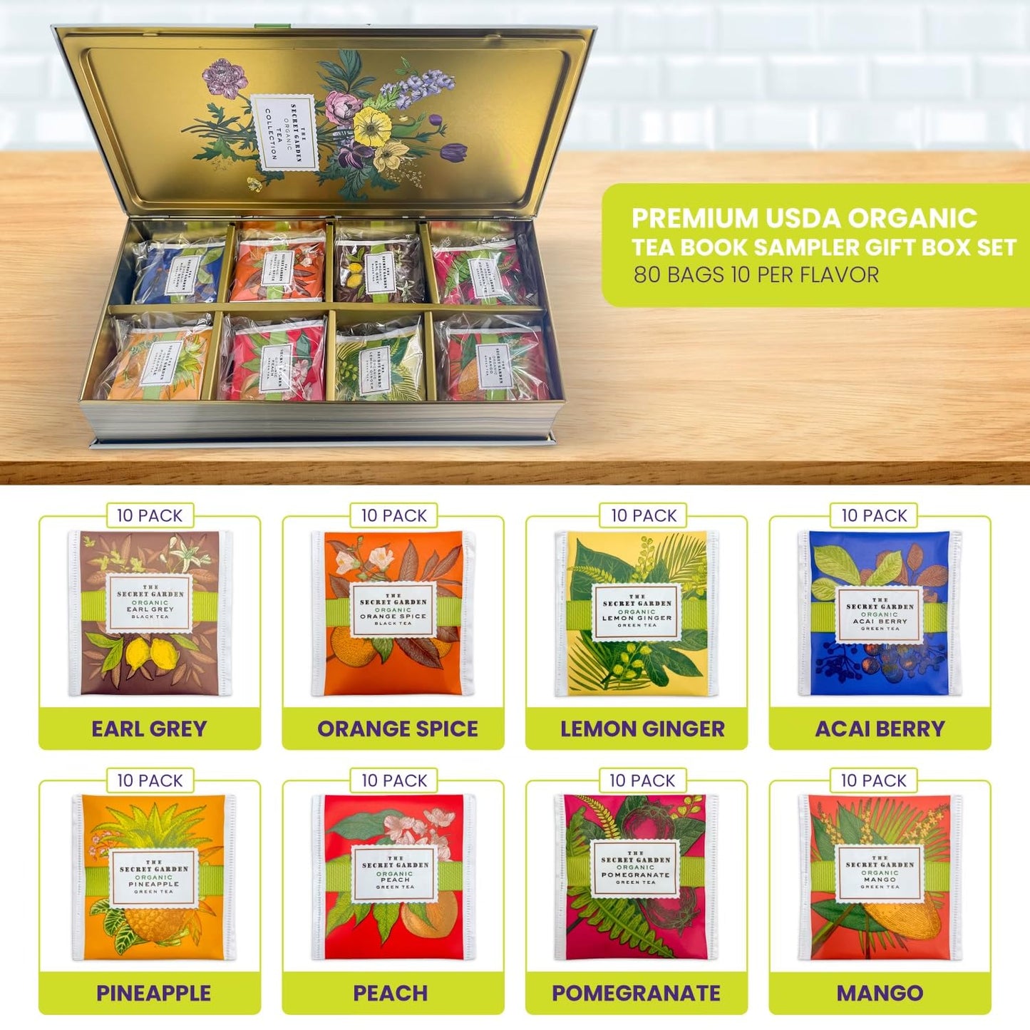 Premium Organic Tea Bag 80 Pack Sampler Designer Tin Book Gift Set 10 Per Flavor Assorted Variety Exotic Fruit Herbal Black And
