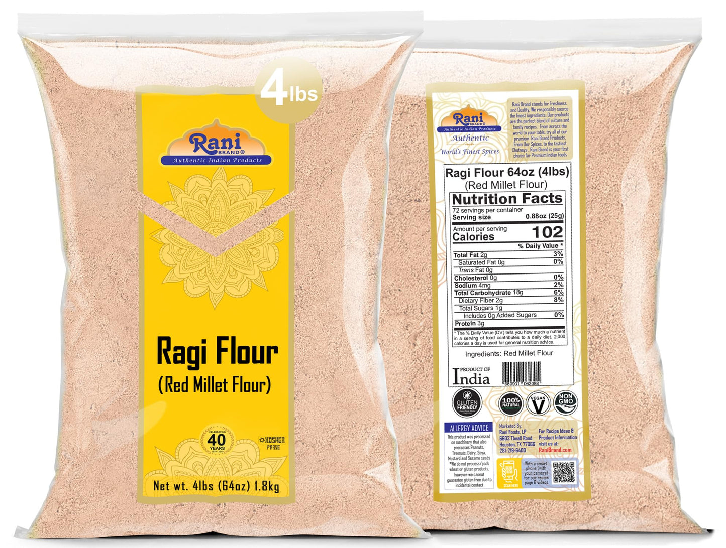 Rani Ragi (Finger Millet) Flour 64oz (4lbs) 1.81kg Bulk ~ All Natural | Vegan | Gluten Friendly | NON-GMO | Kosher | Indian Orig