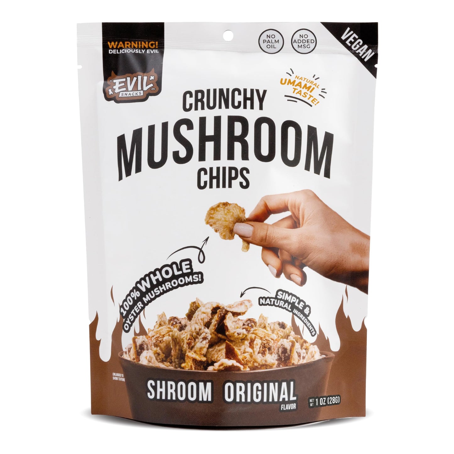 EVIL SNACKS Crunchy Mushroom Chips - SHROOM ORIGINAL Flavor - Organic, Non-GMO, Plant-Based, Vegan - Nutrient-Packed, On-the-Go 