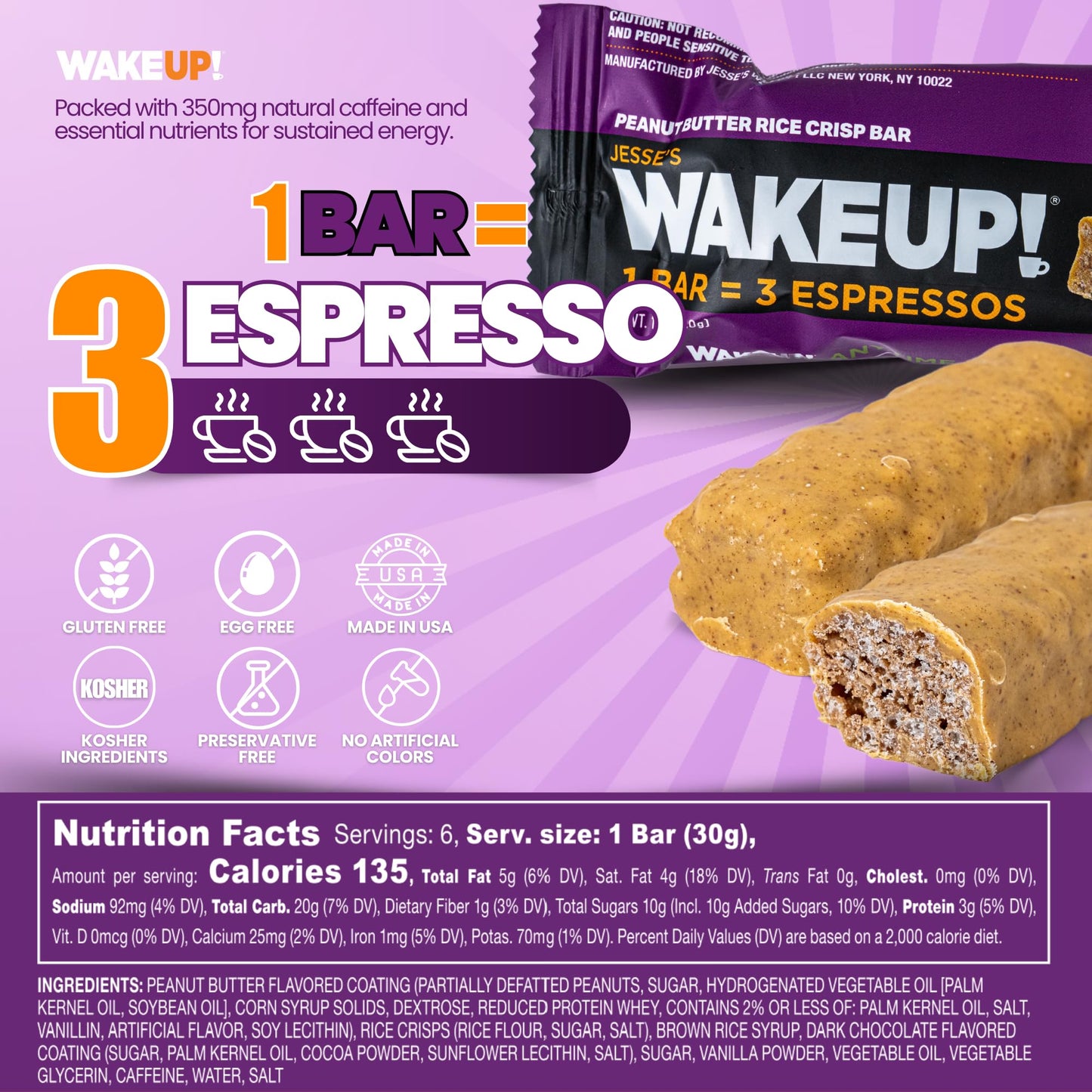 Jesses WakeUP! Peanut Butter Protein Bars - 350mg Caffeine, Gluten-Free, Vegetarian, 6 Pack