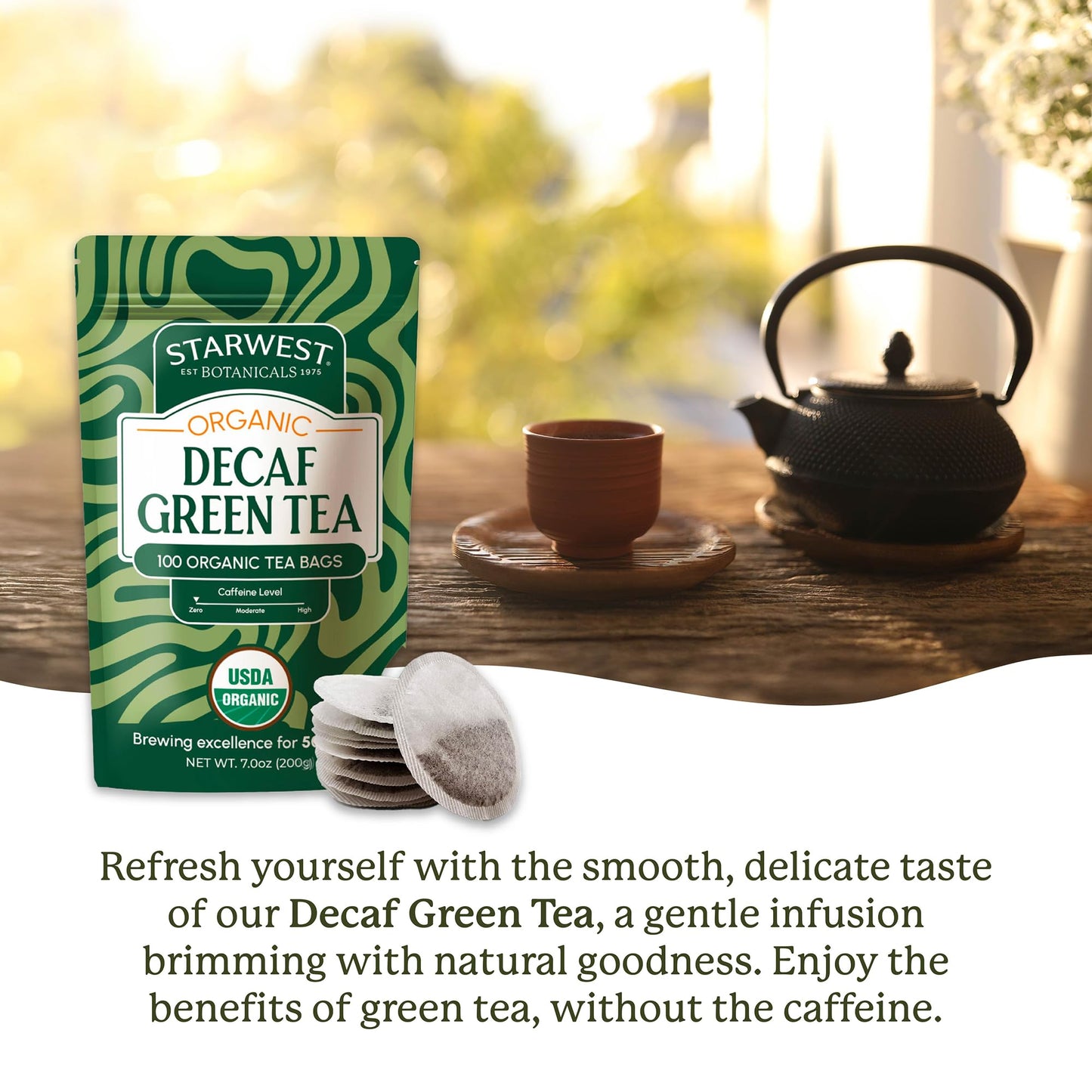Starwest Botanicals Organic Decaf Green Tea - Decaffeinated Herbal Tea  Caffeine Free Tea with Antioxidant Properties  USDA Organic Green Tea Leaf  Non GMO - Bulk Pack  100 Tea Bags