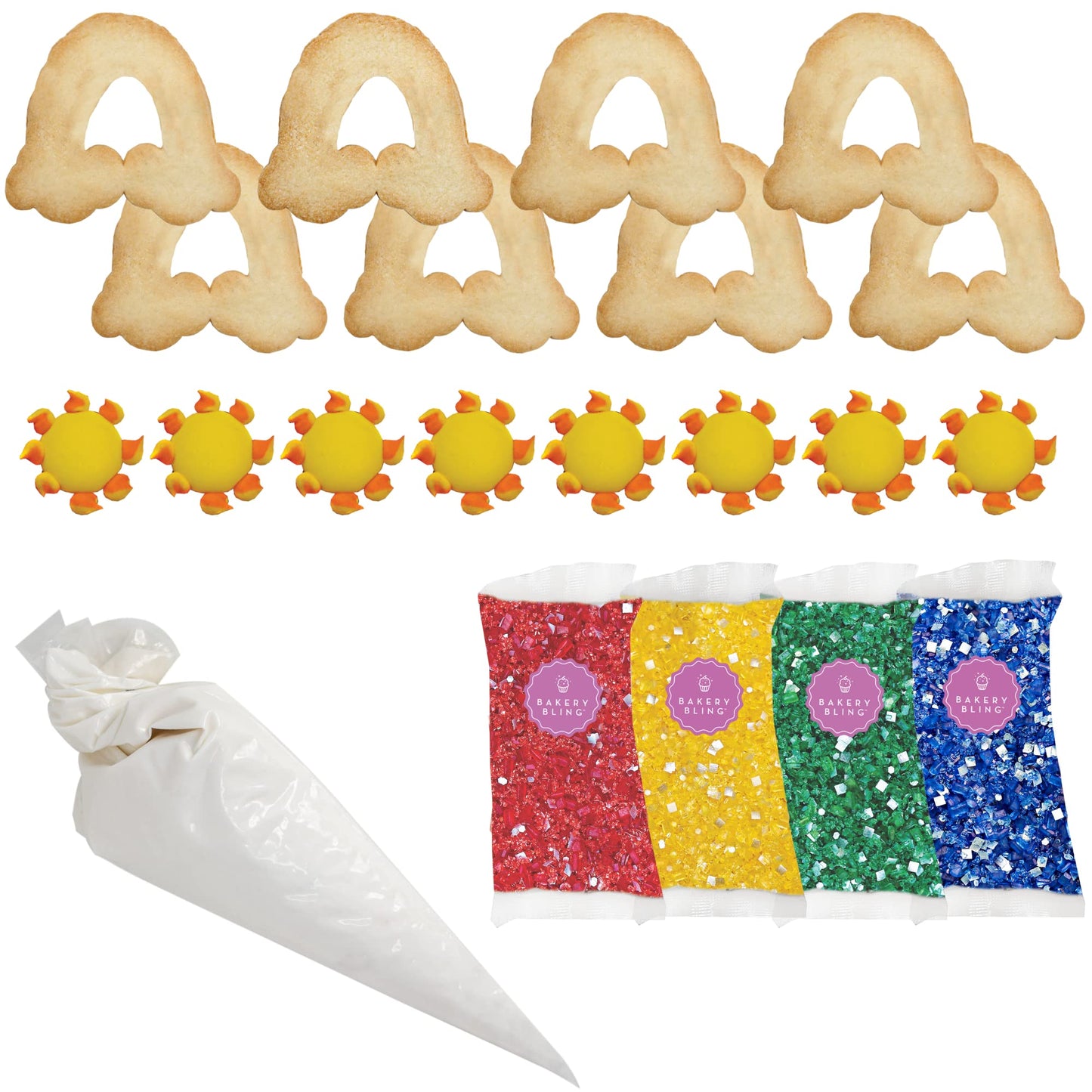 Cookie Decorating Kit - Rainbow Designer Cookie Kit - 8 Pre-Baked Rainbow Cookies, Cookie Icing, Edible Decorations And Glittery