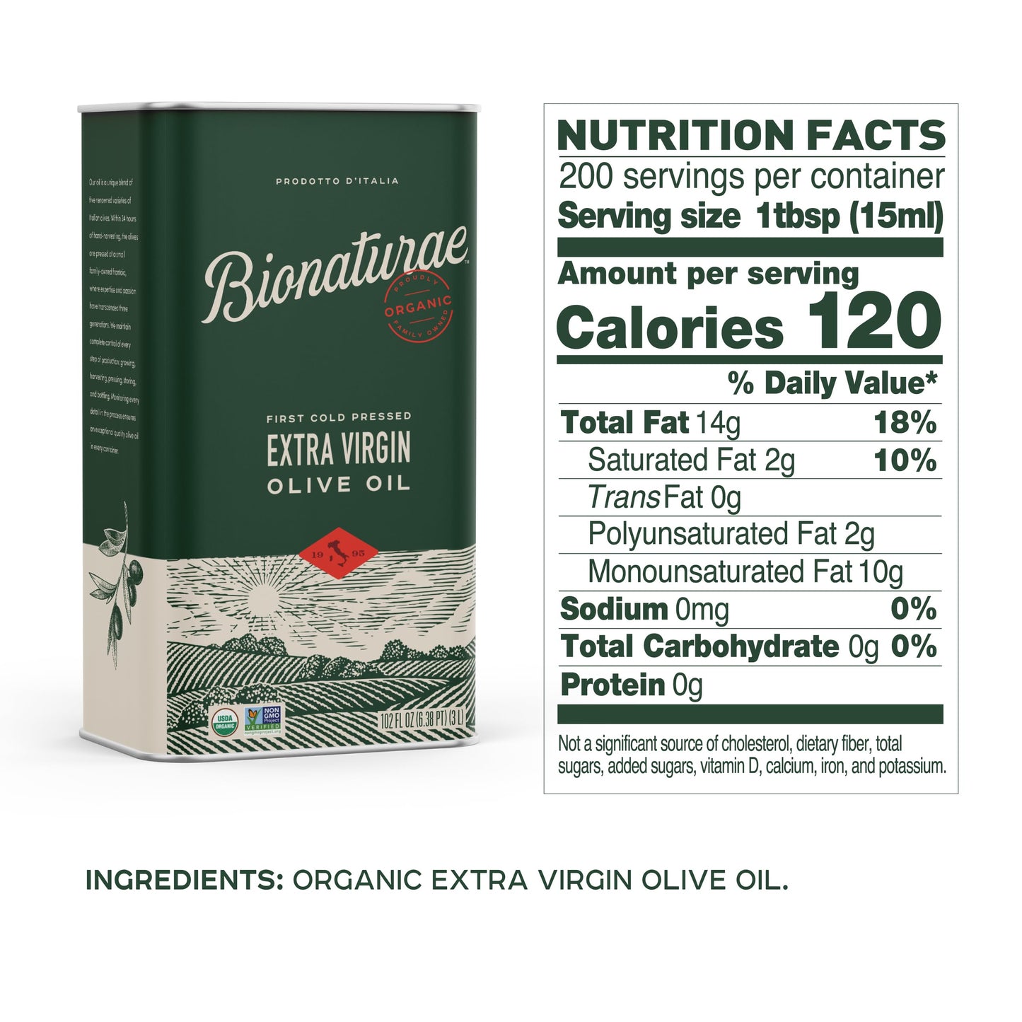 Bionaturae Extra Virgin Olive Oil - Organic, Non-GMO, 102 Fl Oz (Pack of 2) - Made in Italy, USDA Certified Organic