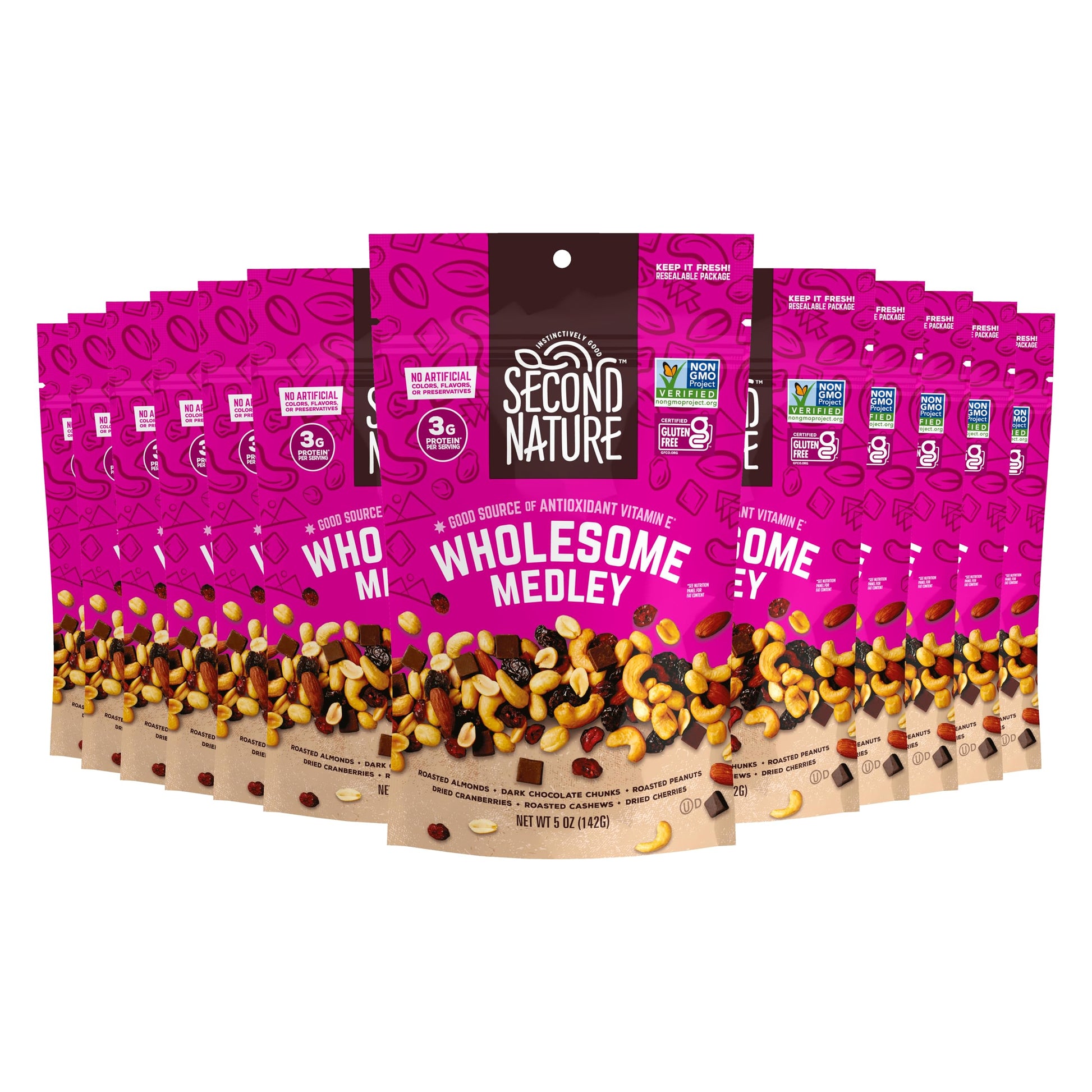 Second Nature Trail Mix - Wholesome Medley, Gluten-Free, 5 oz Resealable Snack Packs, Pack of 12, Model 1108-CP12