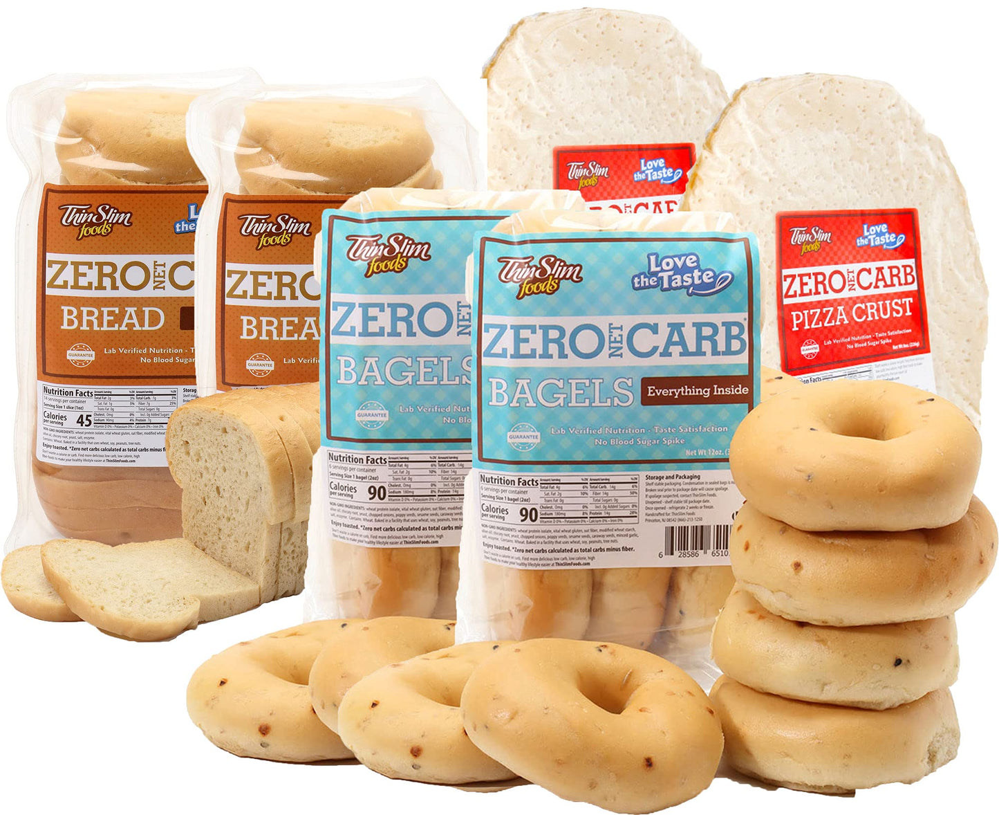 ThinSlim Foods Zero Net Carb Keto Bread | Low Carb Bread | Plain (Pack of 2) + Everything Bagel 6pack (Pack of 2) + Pizza Crust 