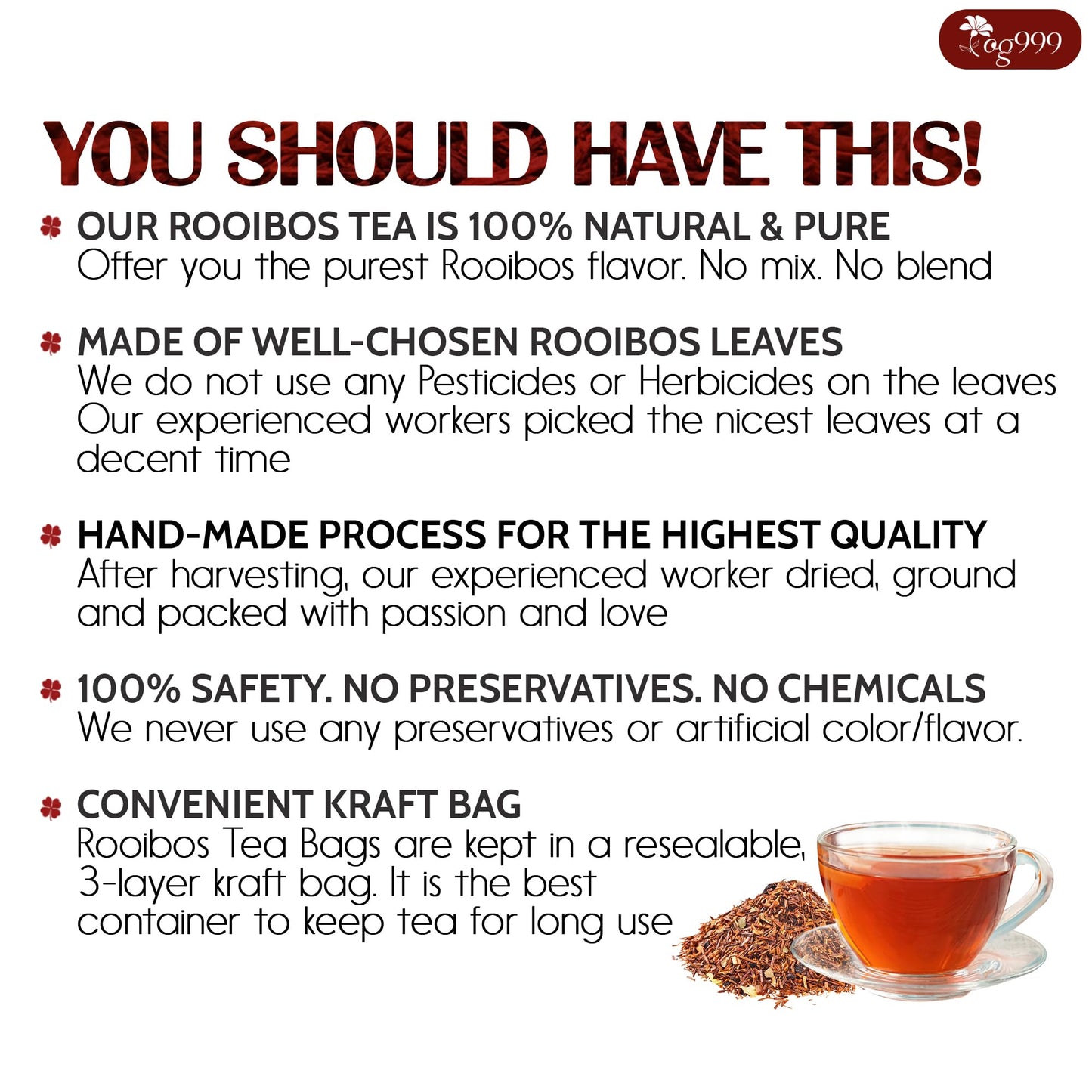 TOG999 Premium Rooibos Tea Bags - 100% Natural, Caffeine-Free, Vegan - 60 Bags