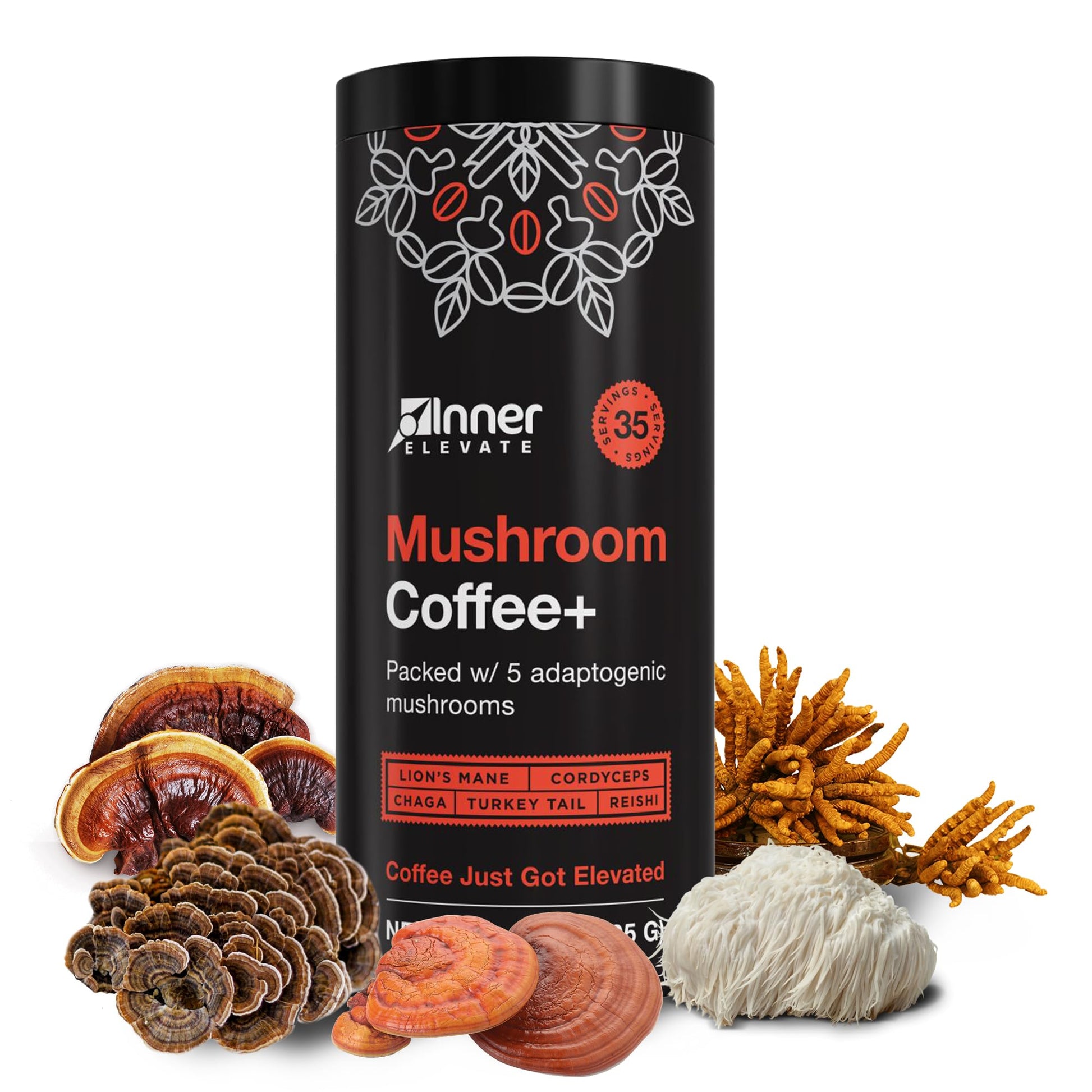 Mushroom Coffee With 5 Adaptogenic Mushrooms - Upgraded Coffee Alternative With Half Energy Blend - Arabica Coffee With LionS Mane  Cordyceps  Chaga  Reishi  Turkey Tail  And L-Theanine (35 Servings)