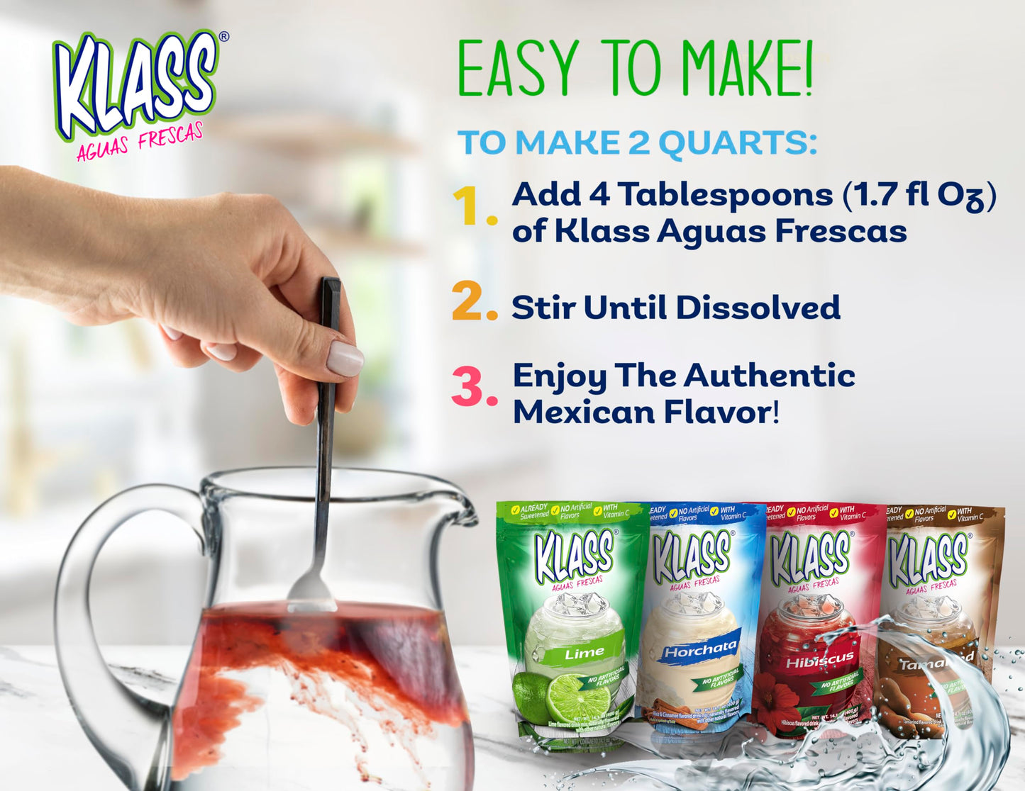 Klass Aguas Frescas | Drink Mix Mexican Variety Pack | Horchata Limeade Hibiscus & Tamarind Drinks | Flavors From Natural Sources, No Artificial Flavors, With Vitamin C (Makes 7 To 9 Quarts) 14.1 Oz Family Pack (4-Pack)