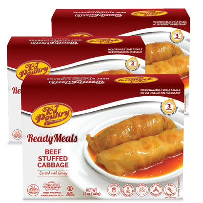 KJ Poultry Kosher Ready Meals - Beef Stuffed Cabbage Rolls, MRE Meat Meals Ready to Eat, Gluten Free (3 Pack) Prepared Entree Fu