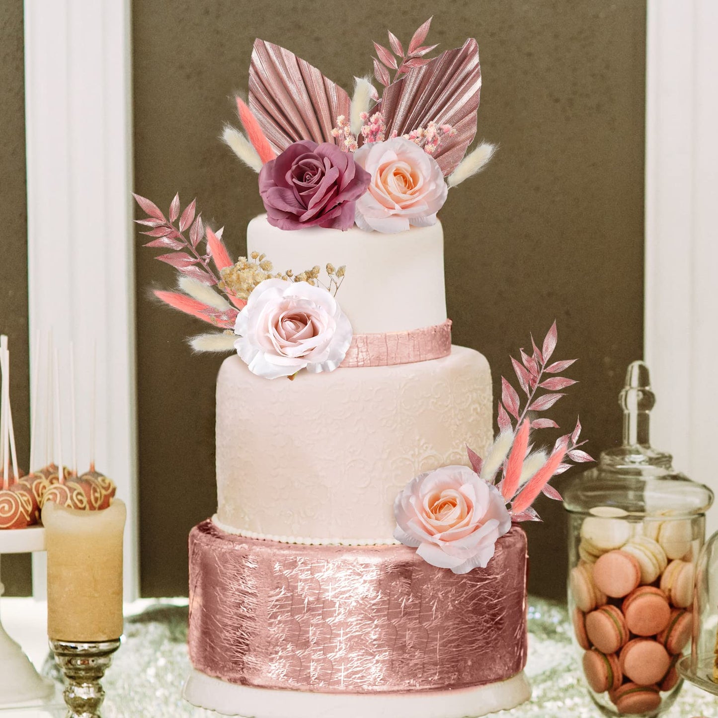 Tallew 28 Pcs Boho Cake Topper Decorations Faux Rose Flowers Leaves for Wedding Baby Shower Birthday Party, Rose Gold