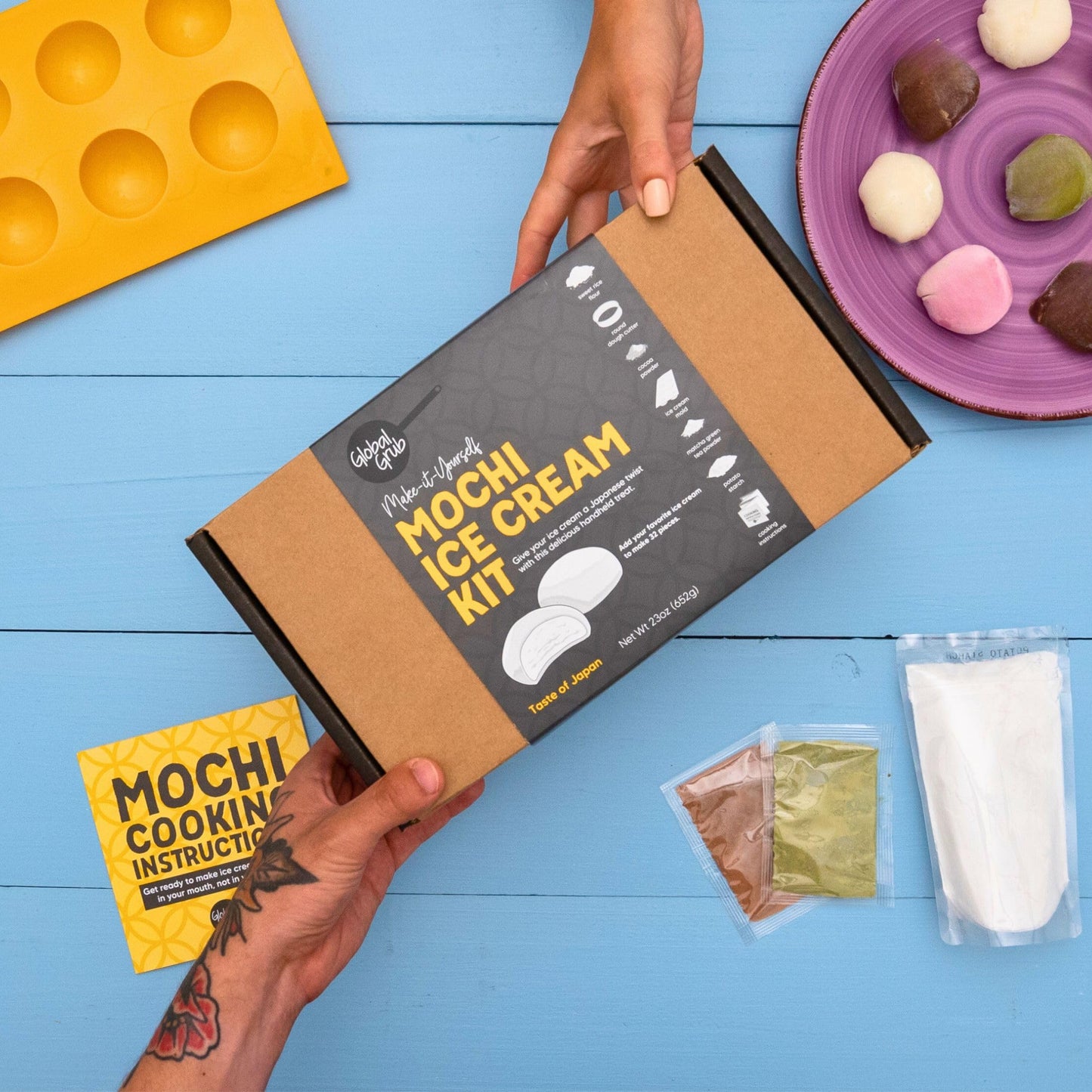 Global Grub Original Diy Mochi Ice Cream Kit - Kit Includes Sweet Rice Flour, Potato Starch, Matcha Powder, Cocoa Powder, Ice Cream Mochi Maker, Dough Cutter, Cooking Instructions. Makes 32 Pieces