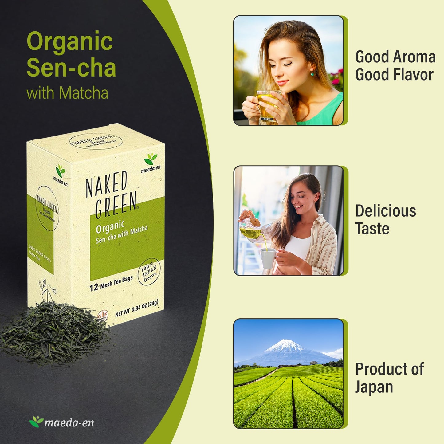 Maeda-En Naked Green Organic Sen-Cha With Matcha 36 Tea Bags Hot Or Cold Drink Green Tea Japanese Origin Individually Wrapped Te