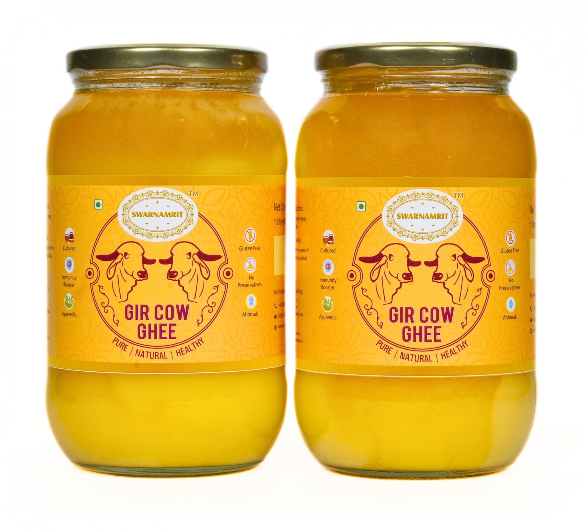Swarnamrit A2 Desi Gir Cow Ghee Vedic Bilona Method Glass Jar Packaging (1 Litre X 2)
