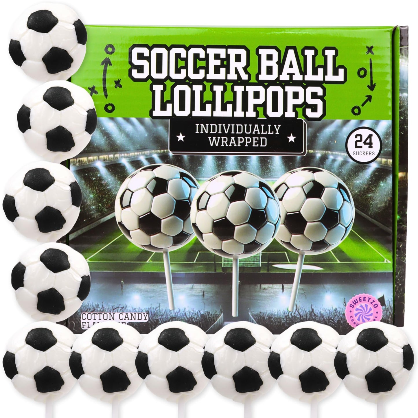 Sweetzo Soccer Ball Lollipops - 2D Individually Wrapped Suckers, 24 Count, Large Size, Perfect for Team Gifts and Party Favors