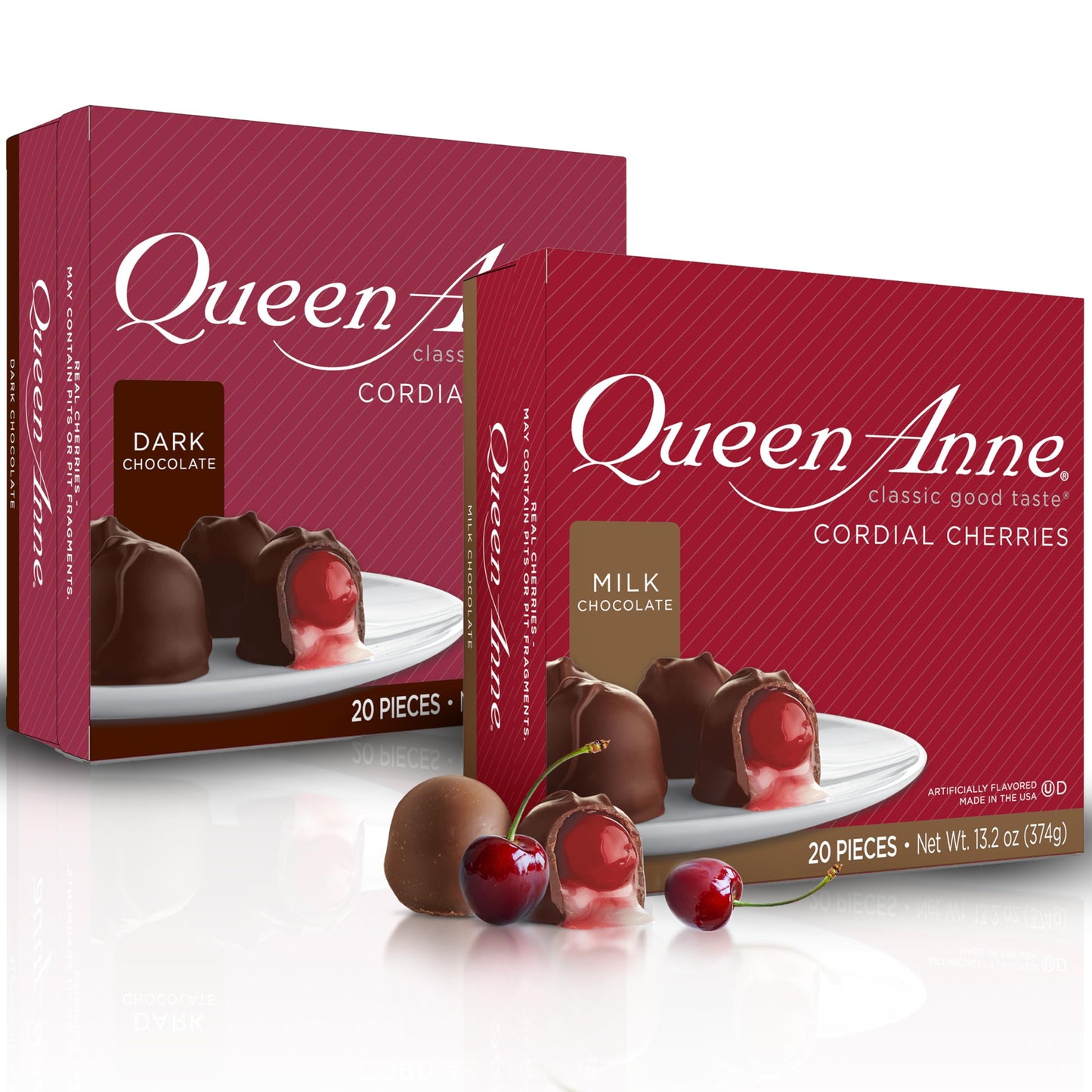 Queen Anne Milk And Dark Chocolate Covered Cordial Cherries | 13.2 Oz (Pack Of 2) | 20 Piece Gift Boxes | Whole Maraschino Cherry Creamy Filled Liquid Center | Holiday Party Chocolate Candy