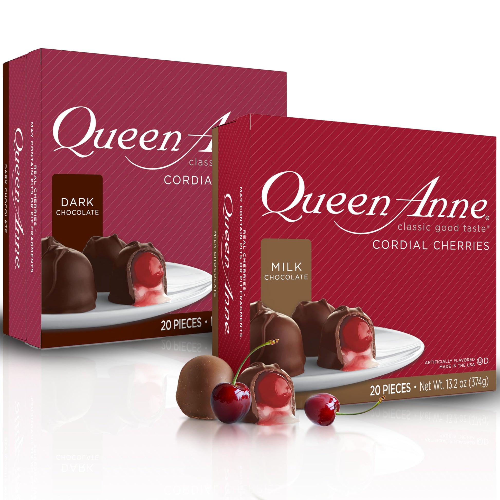 Queen Anne Milk And Dark Chocolate Covered Cordial Cherries | 13.2 Oz (Pack Of 2) | 20 Piece Gift Boxes | Whole Maraschino Cherry Creamy Filled Liquid Center | Holiday Party Chocolate Candy