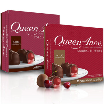 Queen Anne Milk And Dark Chocolate Covered Cordial Cherries | 13.2 Oz (Pack Of 2) | 20 Piece Gift Boxes | Whole Maraschino Cherry Creamy Filled Liquid Center | Holiday Party Chocolate Candy