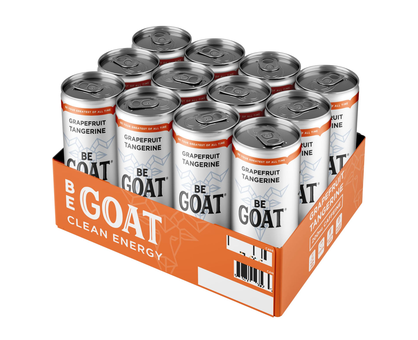 BeGOAT CLEAN Energy Drink - G fruit Tangerine, 200 Mg Caffeine, Vegan, Gluten-Free, 12 Fl OZ, Pack of 12