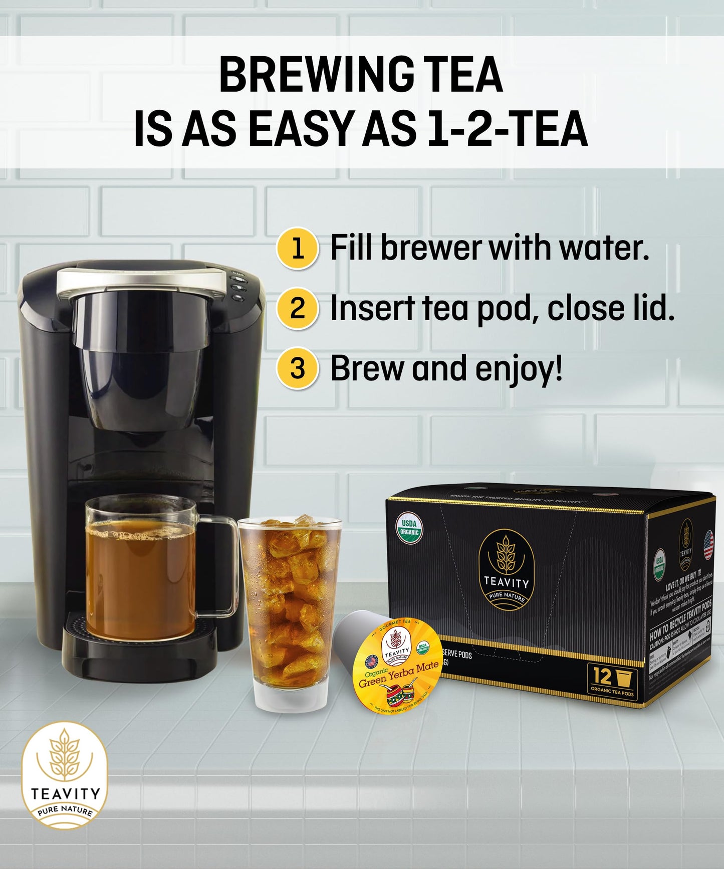 Teavity Organic Yerba Mate Tea Pods for Keurig, Green, 36 Count