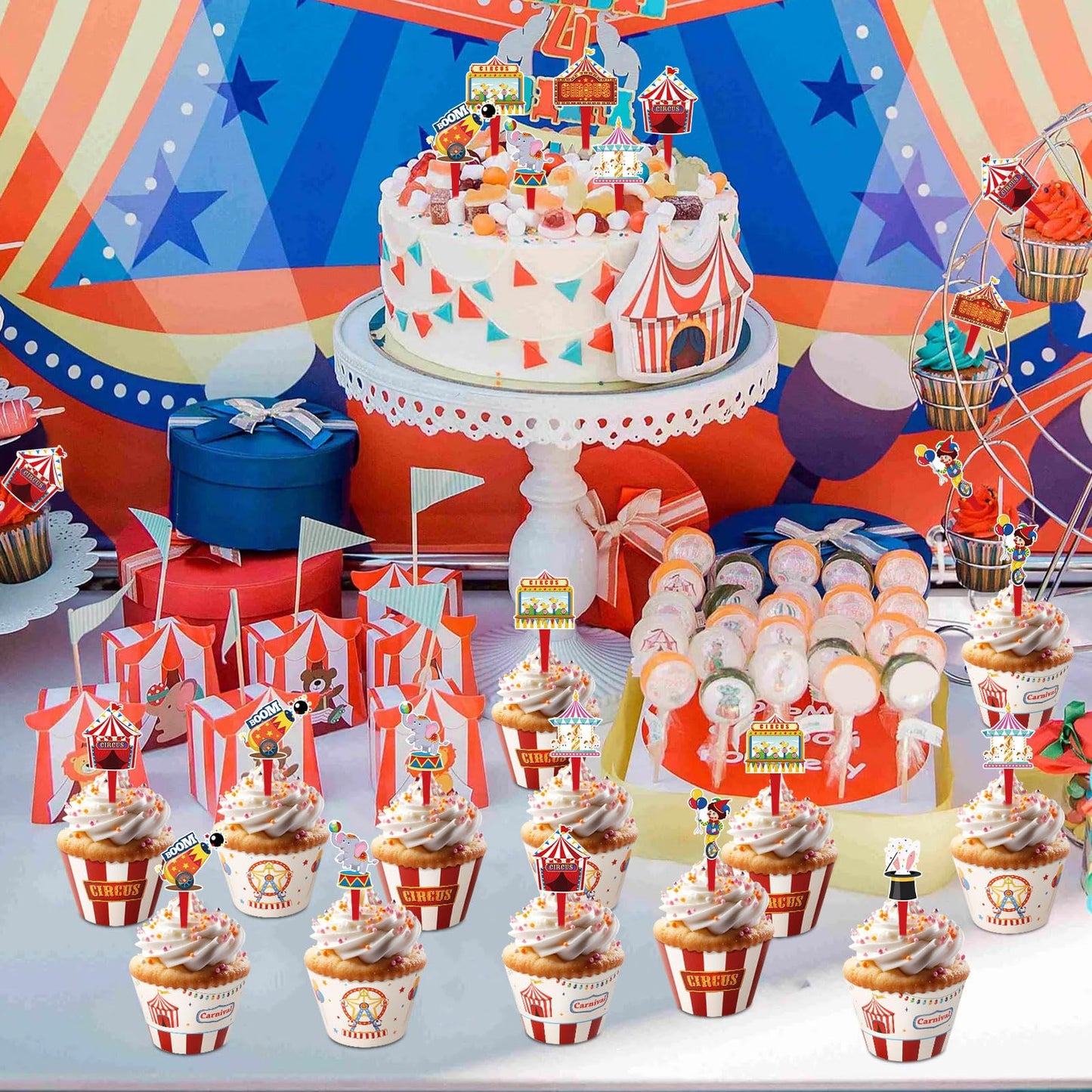 Hxezoc 48 Pack Circus Cupcake Toppers and Wrappers, Carnival Theme Birthday Party, Colored, 0.1 x 0.05 inches