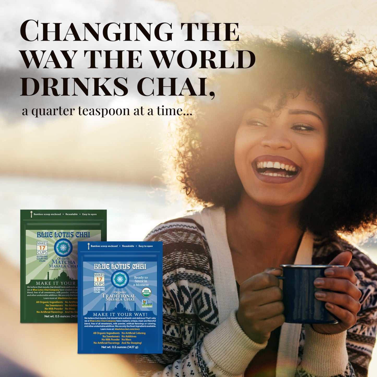Blue Lotus Chai Tea - Fully Organic Traditional Masala Chai - Makes 17 Cups - 0.5 Ounce Masala Spiced Chai Powder With Organic S