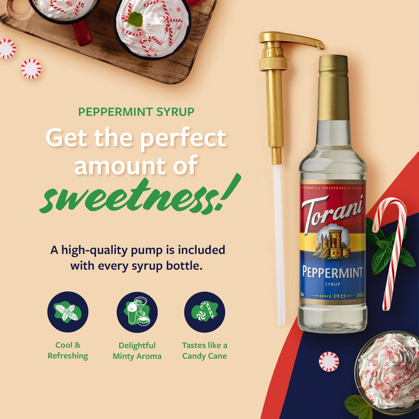 Torani Coffee Syrup, Peppermint Flavored Syrup For Drinks, Pump Included, 25.4 Fl Oz