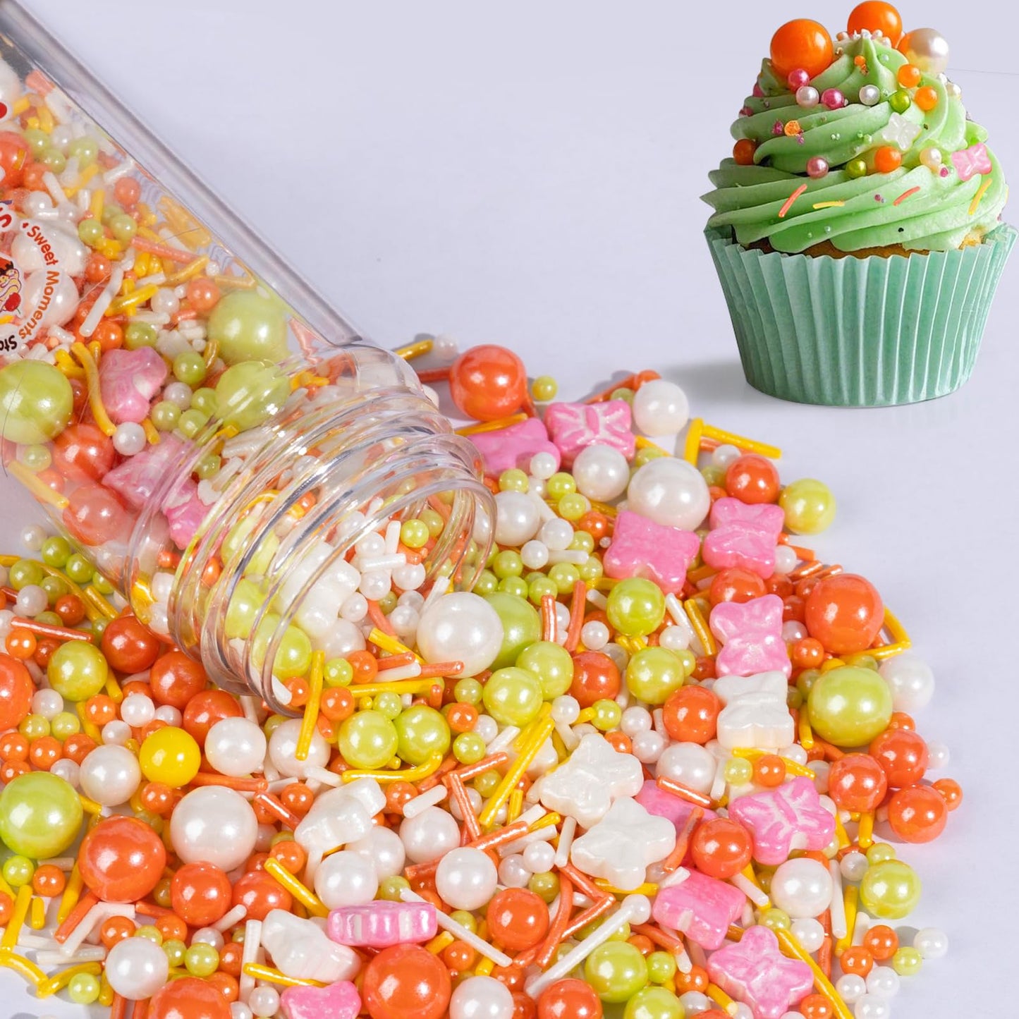 Sugarzy Butterfly Sprinkles, Edible Pearl Sugar, Mixed Sizes, 130g, Orange White Pink, Perfect for Baking and Decorating