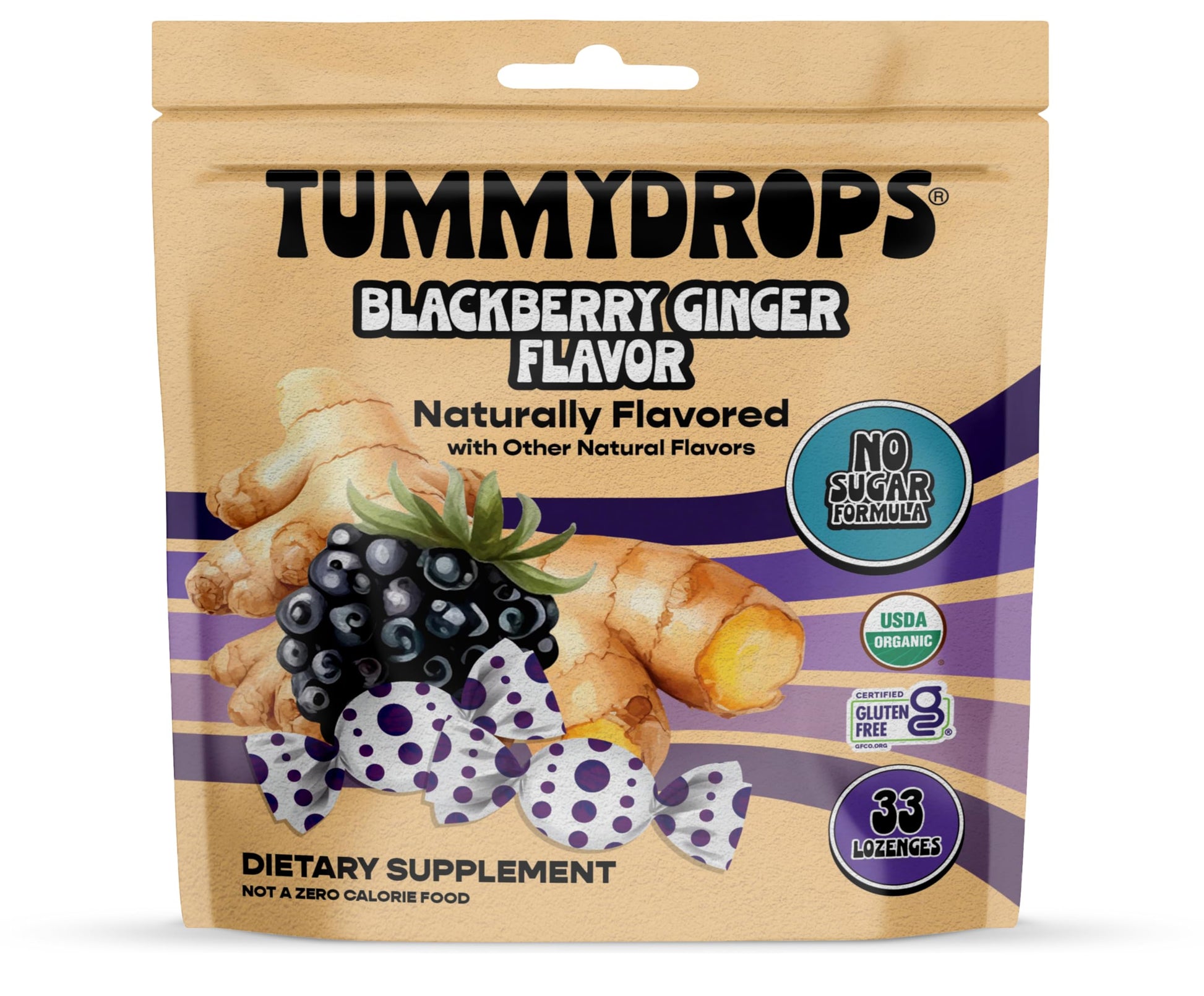 Tummydrops, No Sugar Sweet Blackberry Ginger Flavor, Gluten Free & Vegan, 33 Individually Wrapped Organic Ginger Lozenges Made w