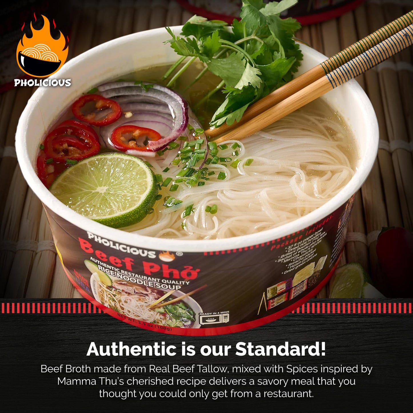 Pholicious Instant Beef Pho, Authentic Vietnamese Rice Noodle Soup Kit With Spices & Broth Mix, Ramen Noodles Alternative, Quick