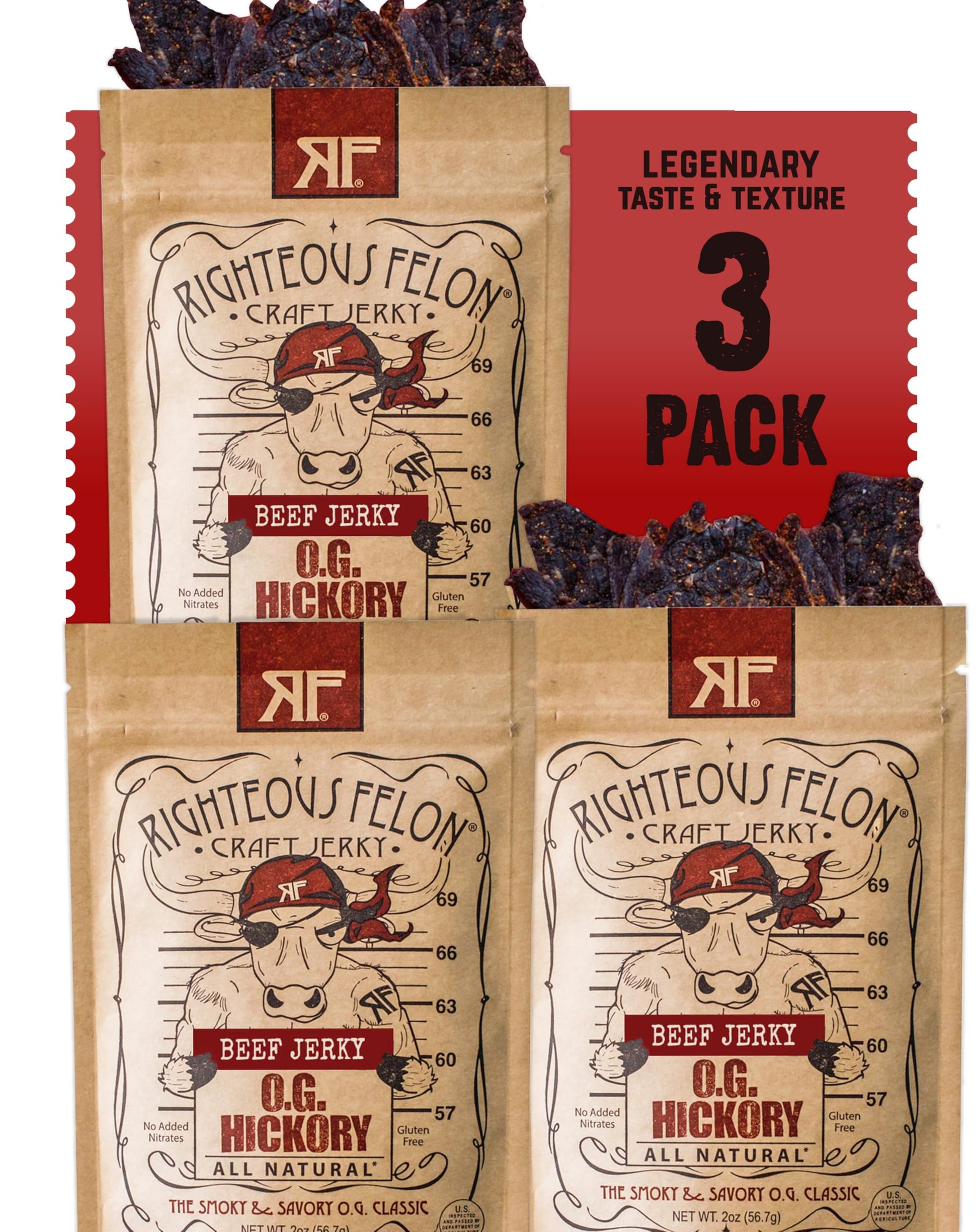Righteous Felon Beef Jerky - OG Hickory Flavor - All-Natural Jerky - Locally Sourced & Dried Beef Jerky - Low-Sugar, High-Protei