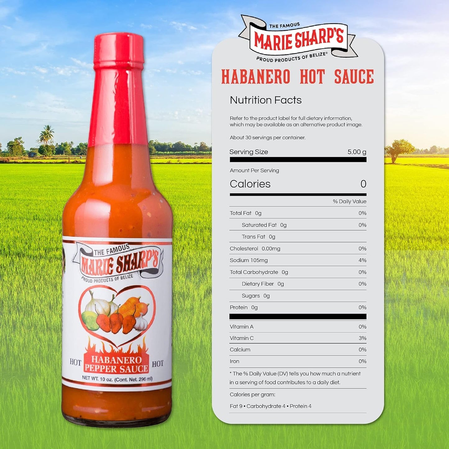 Marie Sharps Hot Habanero Pepper Sauce, 10 oz - Authentic Belizean Hot Sauce with Fresh Red Habanero Peppers (Pack of 2)