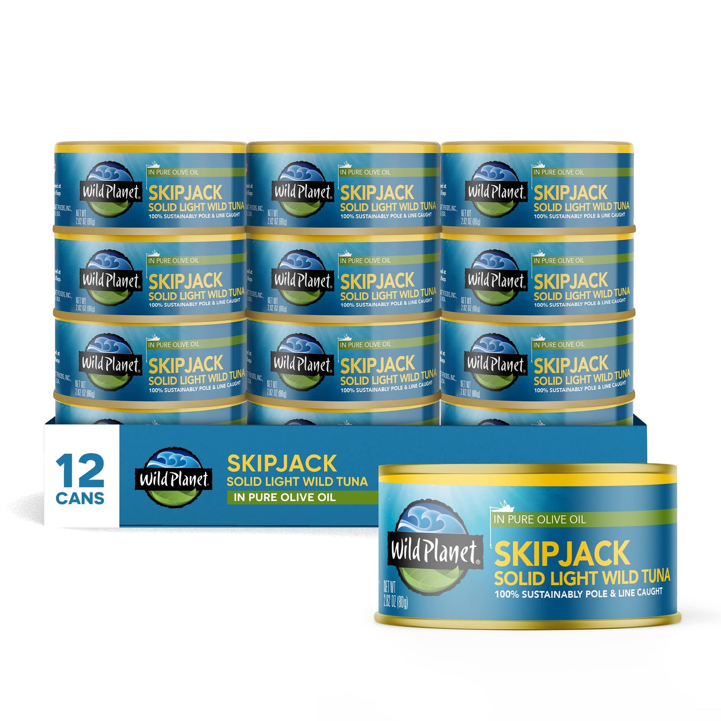 Wild Planet Skipjack Tuna in Olive Oil, 2.82oz (Pack of 12), Sustainably Caught, Tinned Fish, Canned Tuna