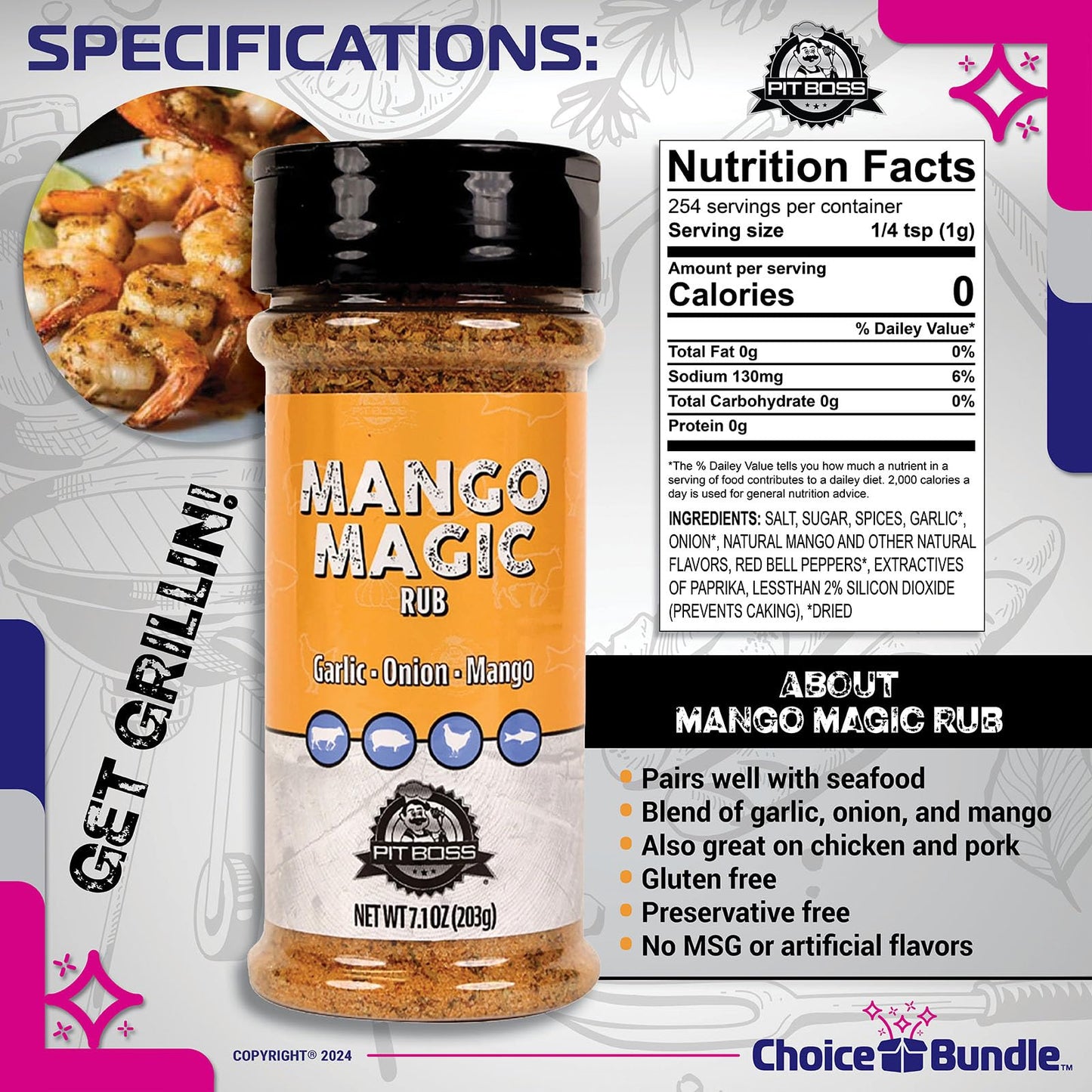 Pit Boss Mango Magic Premium Bbq Barbecue Mixed Seasoning Spice & Dry Rub 4 Pk Choice Bundle (28.4 Oz) + Guide & Keychain Bottle