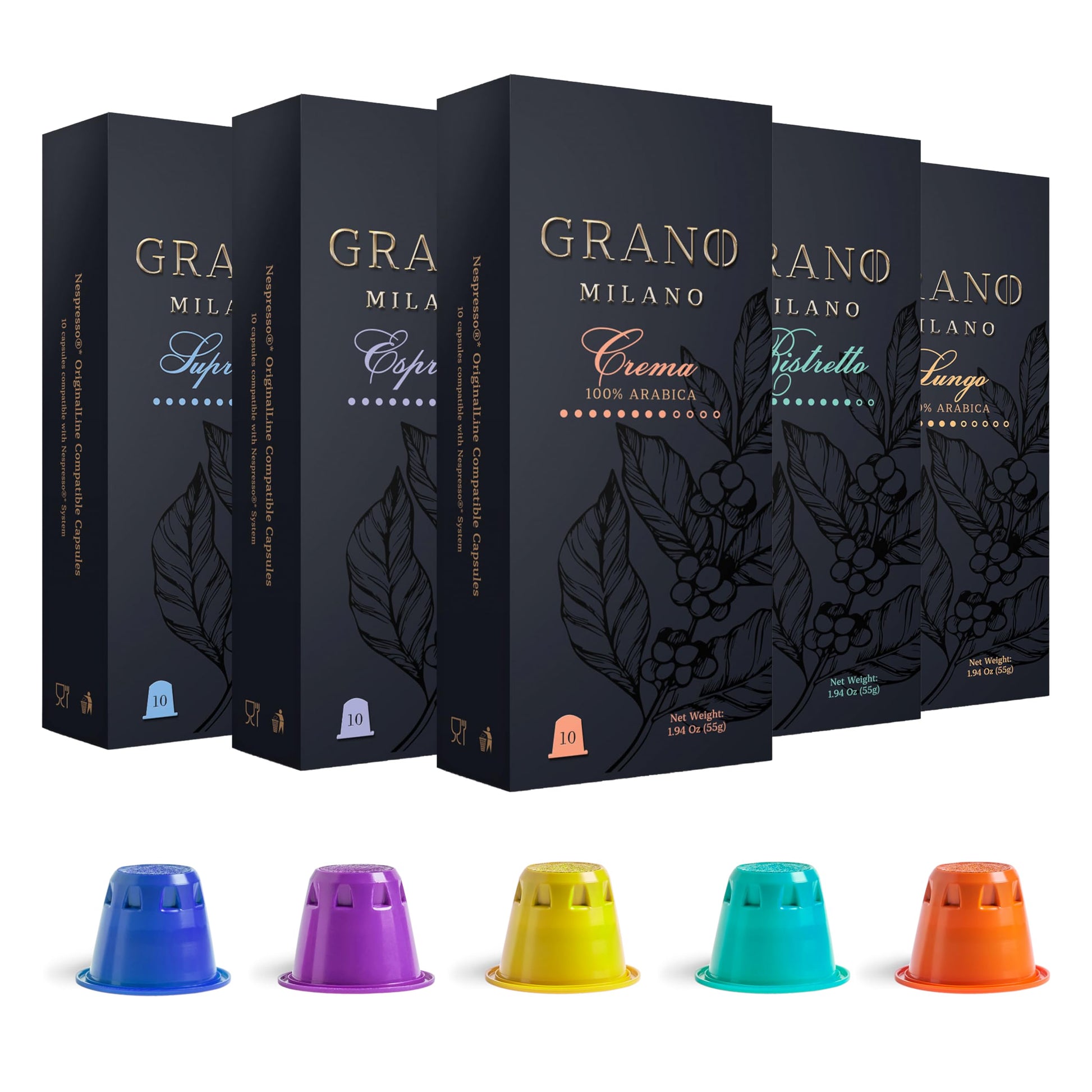Grano Milano Espresso Pods - 50 Count, Compatible with Nespresso Original, 100% Arabica Medium Roast, Intensity 7/12, Made in Italy