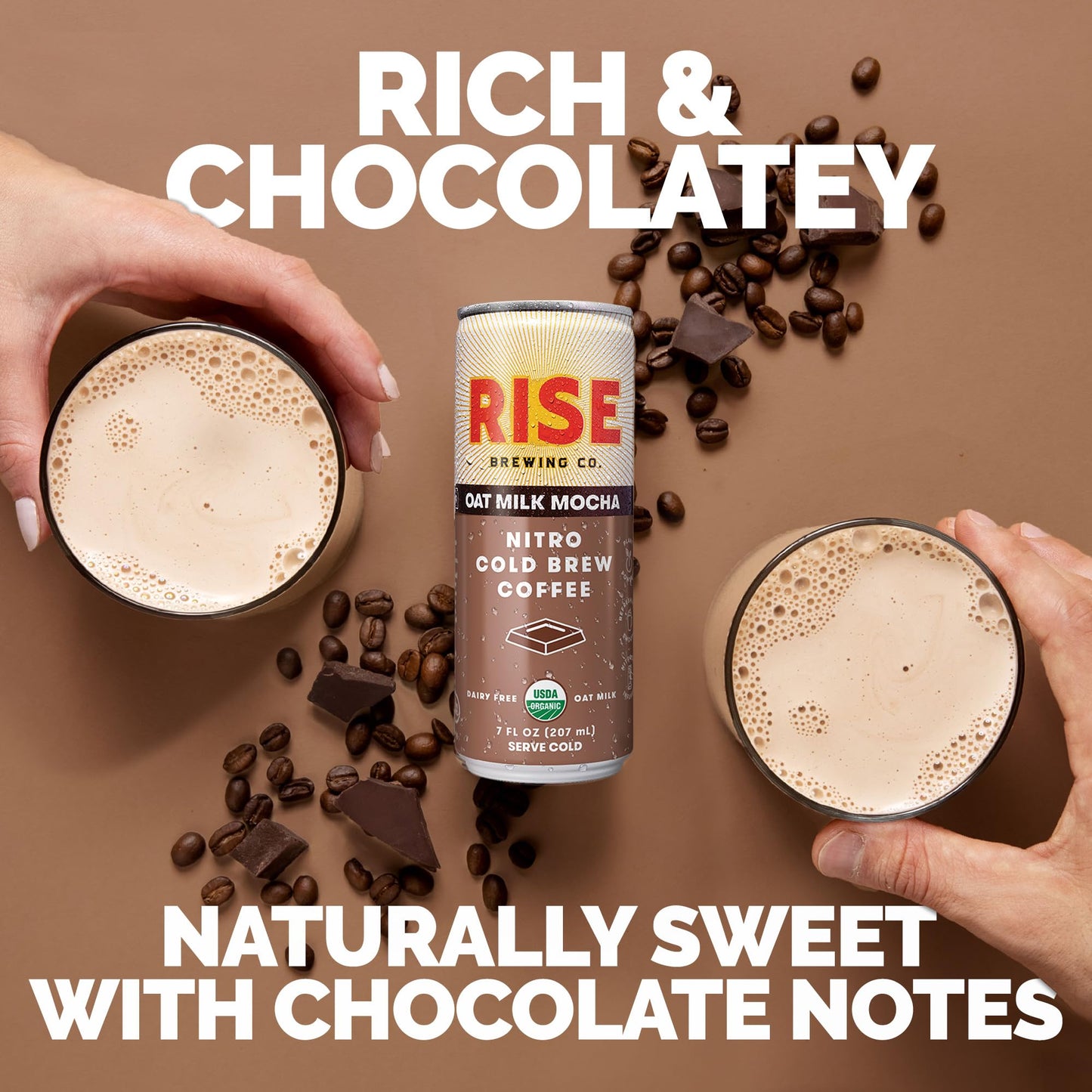 RISE Brewing Co. Oat Milk Mocha Nitro Cold Brew Coffee, No Sugar, Organic, 7 Fl Oz Cans, Pack of 12