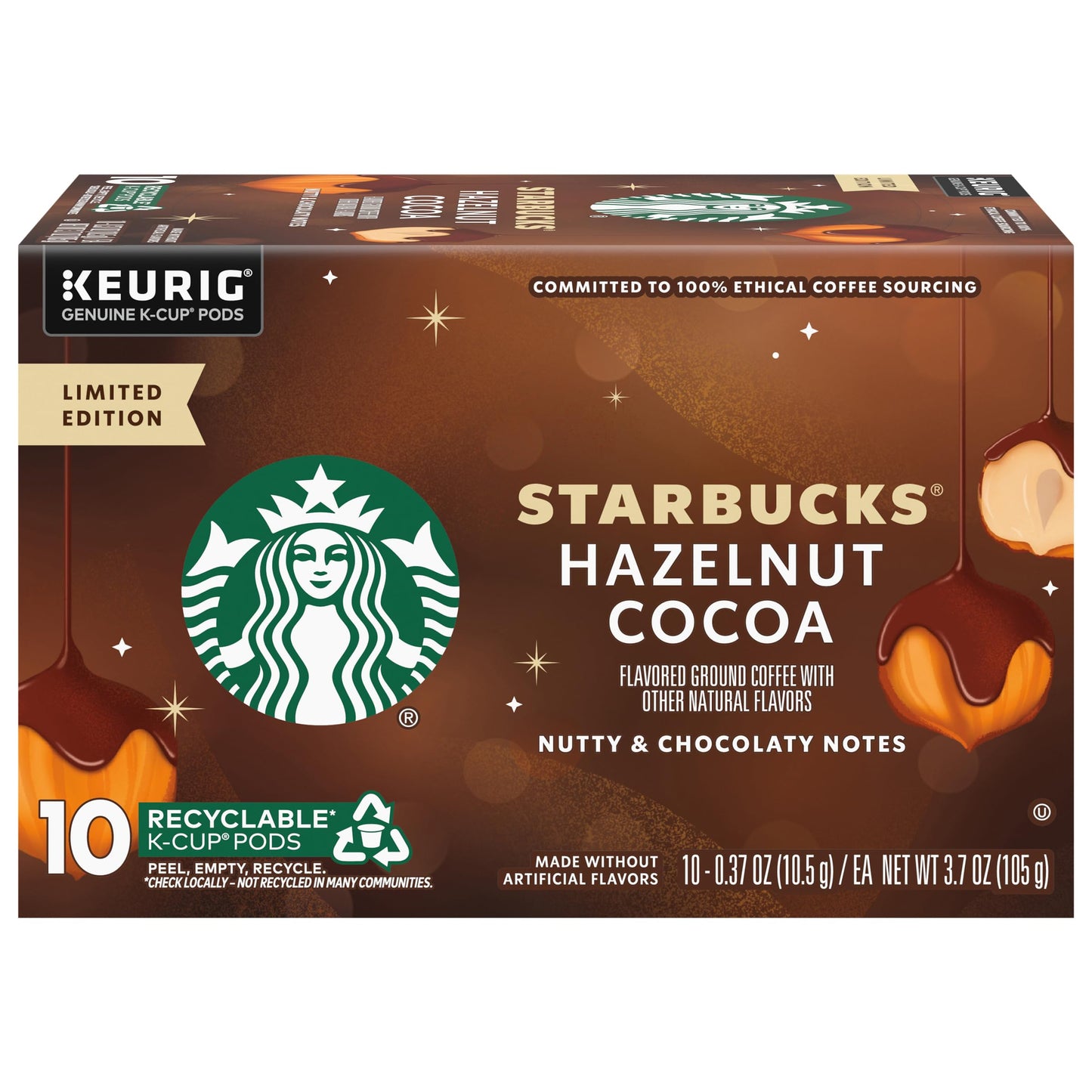 Starbucks K-Cup Pods  Hazelnut Cocoa Naturally Flavored For Keurig Beverage Makers  100% Arabica  Special Release Holiday  1 Box (10 Pods)