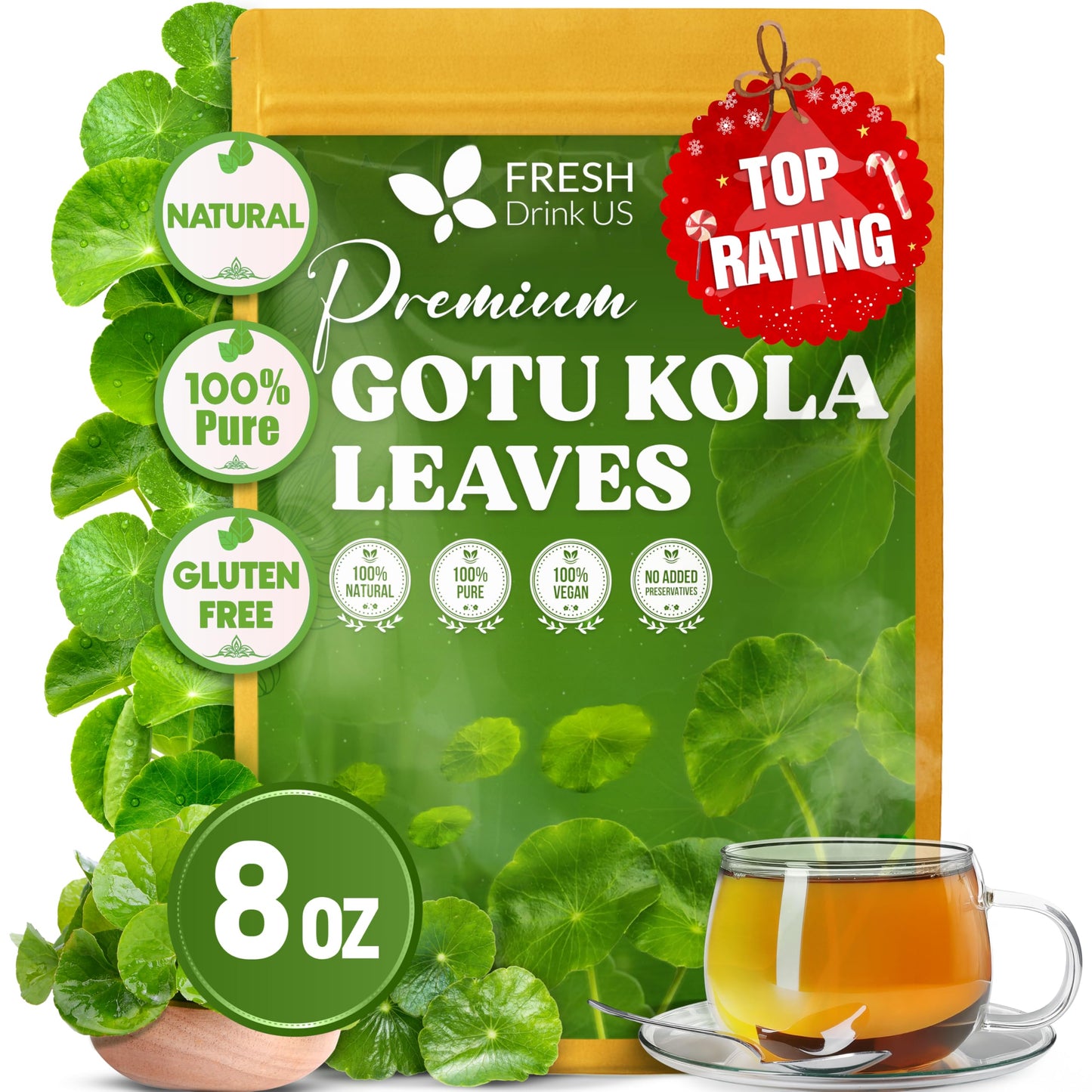 Freshdrinkus  Top-Grade Gotu Kola Leaves (Centella Asiatica) | 8 Oz Dried Loose Leaf | Naturally Mild & Earthy Herbal Tea - Top-Grade Quality Leaves. Sugar-Free. Energy Blend-Free. Vegan