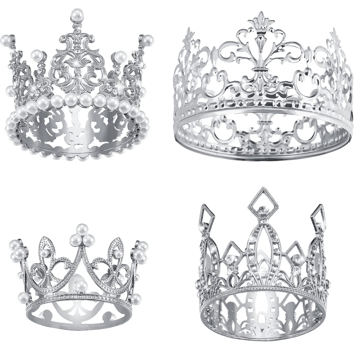 4 Pieces Silver Crown Cake Topper Birthday Mini Flower Bouquet Crown Cupcake Toppers Crystal Pearl Tiara Wedding Crown Cake Top