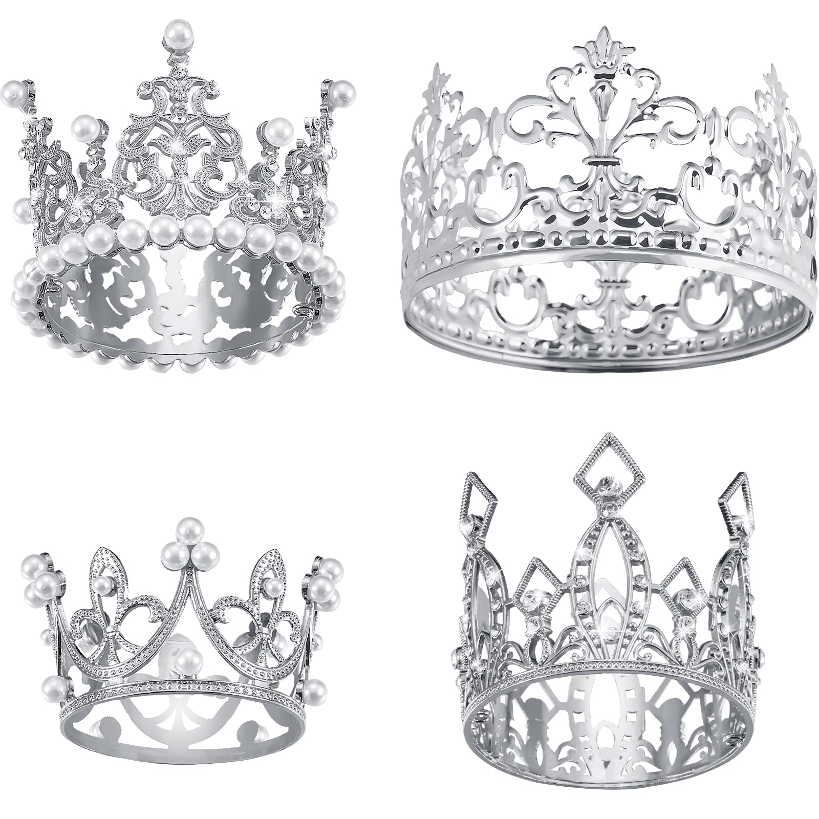 4 Pieces Silver Crown Cake Topper Birthday Mini Flower Bouquet Crown Cupcake Toppers Crystal Pearl Tiara Wedding Crown Cake Top