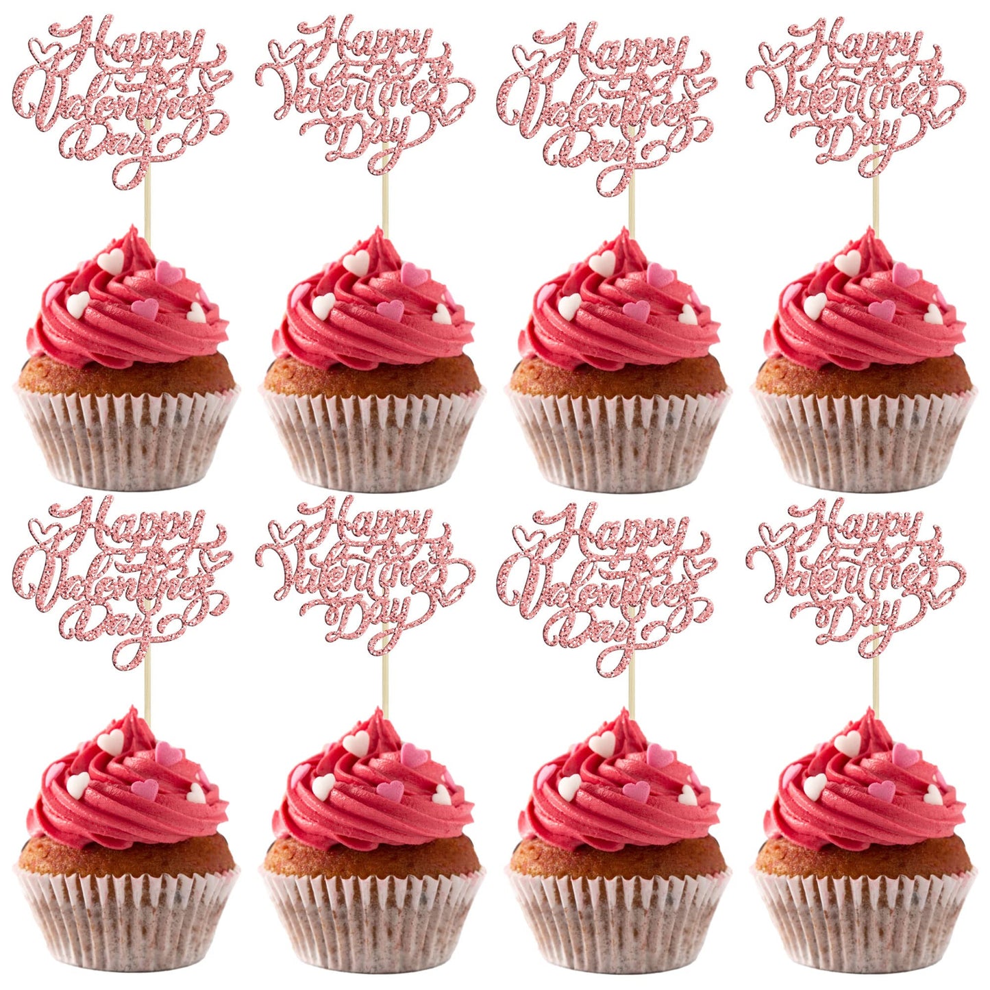 Gyufise 24Pcs Happy Valentines Day Cupcake Toppers Rose Gold Glitter Valentines Day Cupcake Food Decor For Wedding Anniversary V